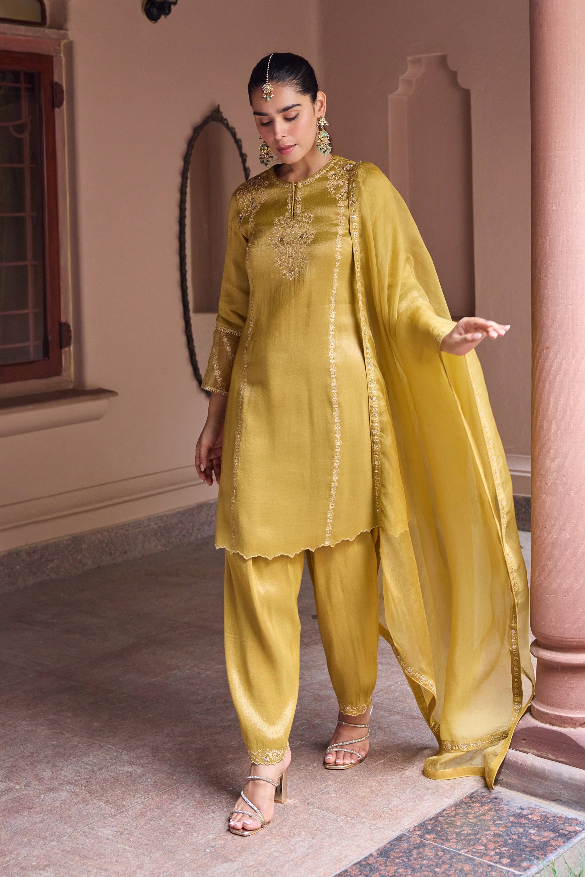 Nurah Tissue Embroidered Mustard A-Line Kurta Set