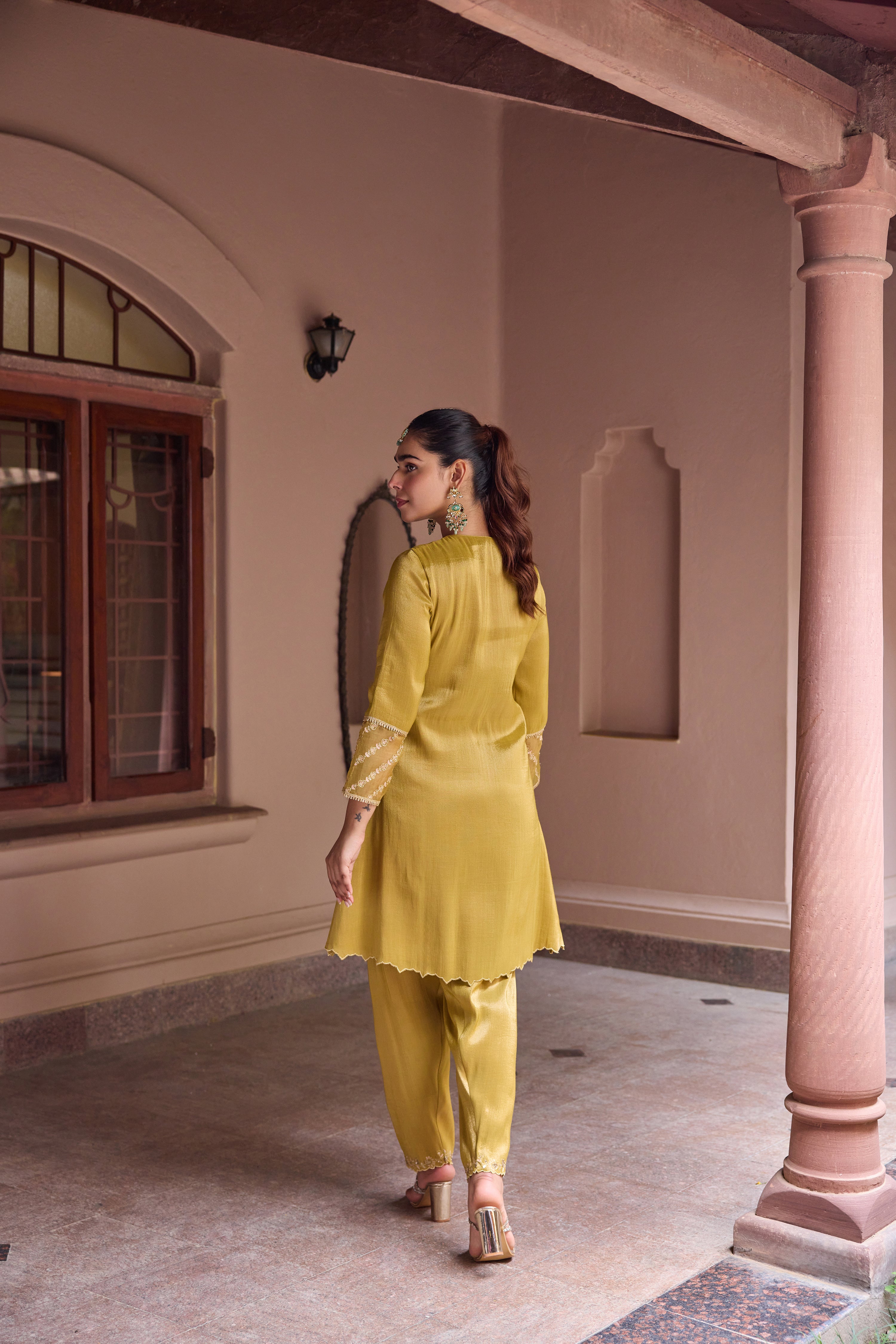 Nurah Tissue Embroidered Mustard A-Line Kurta Set