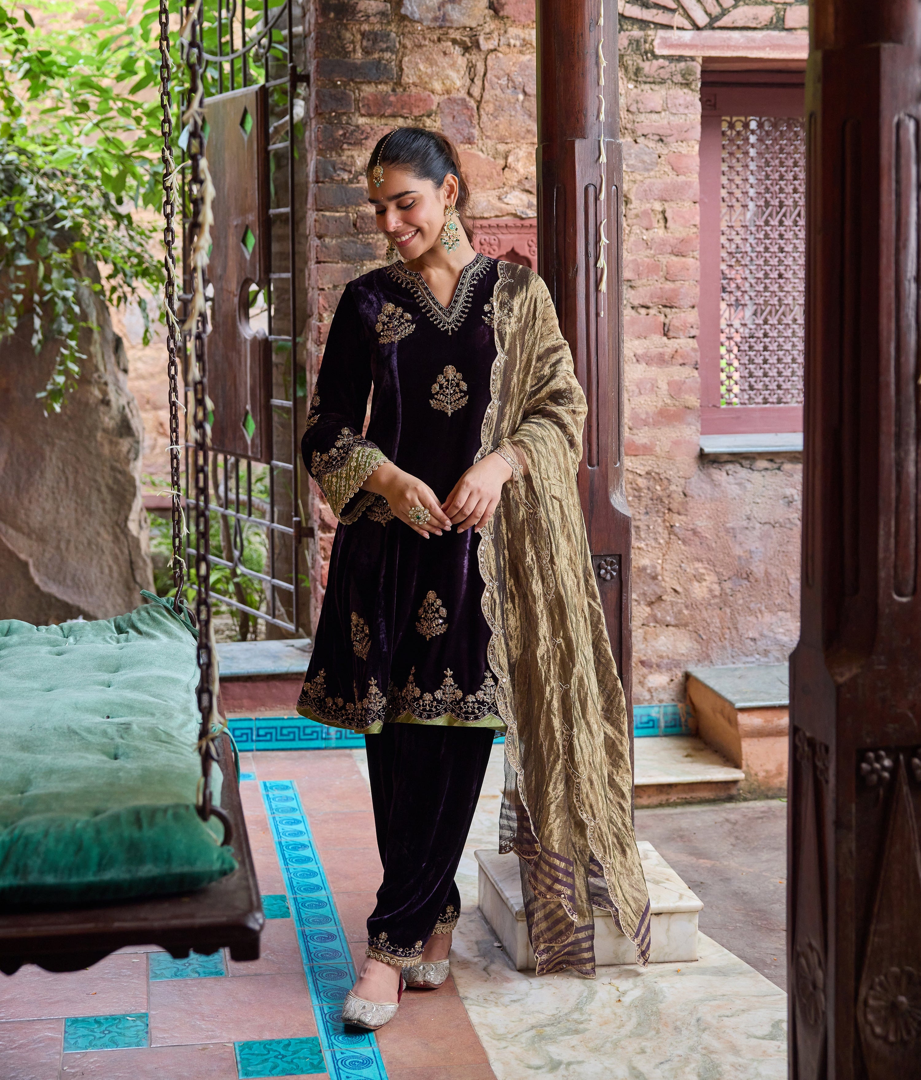 Dilruba Silk Velvet Embroidered Purple A-Line Kurta Set