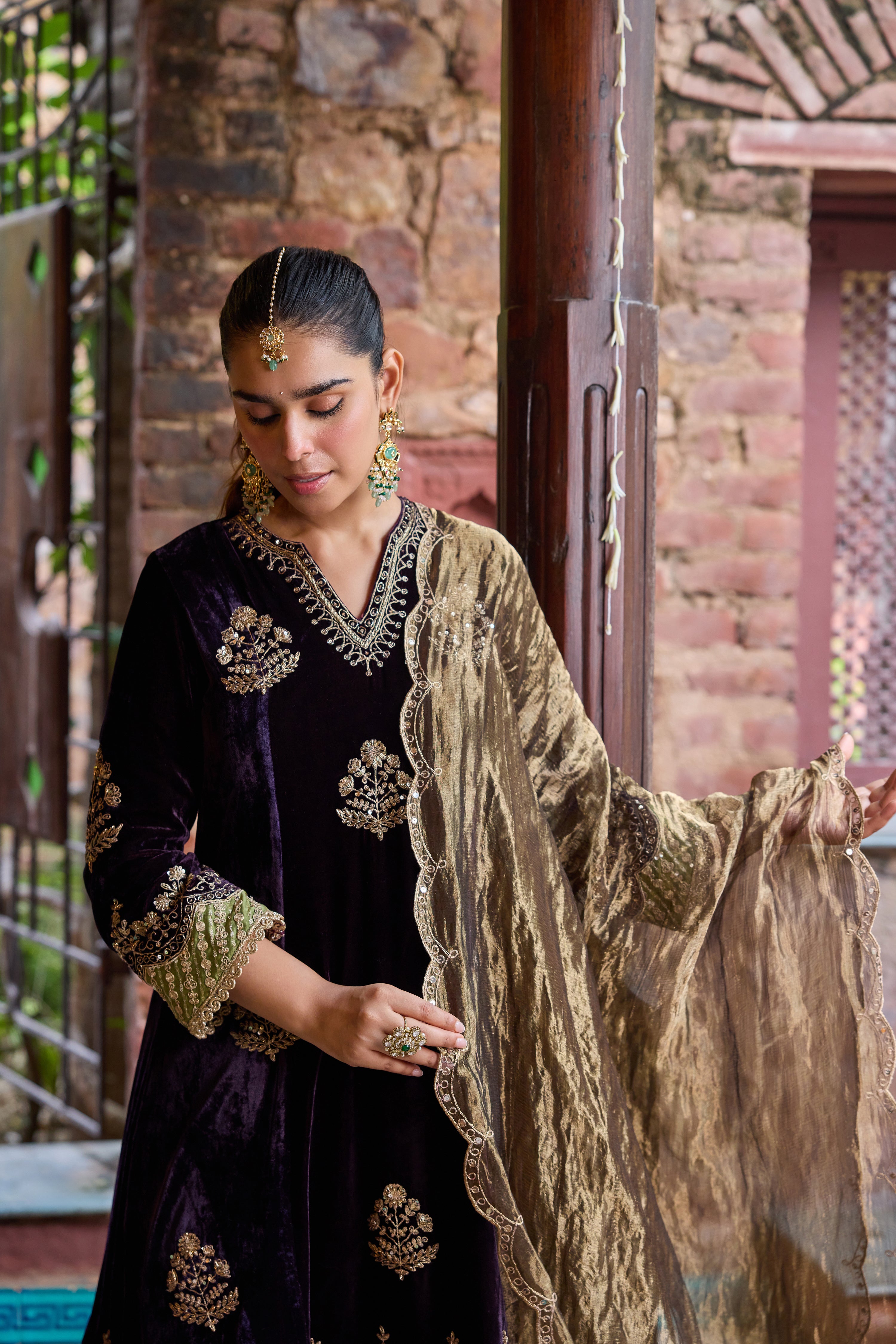 Dilruba Silk Velvet Embroidered Purple A-Line Kurta Set