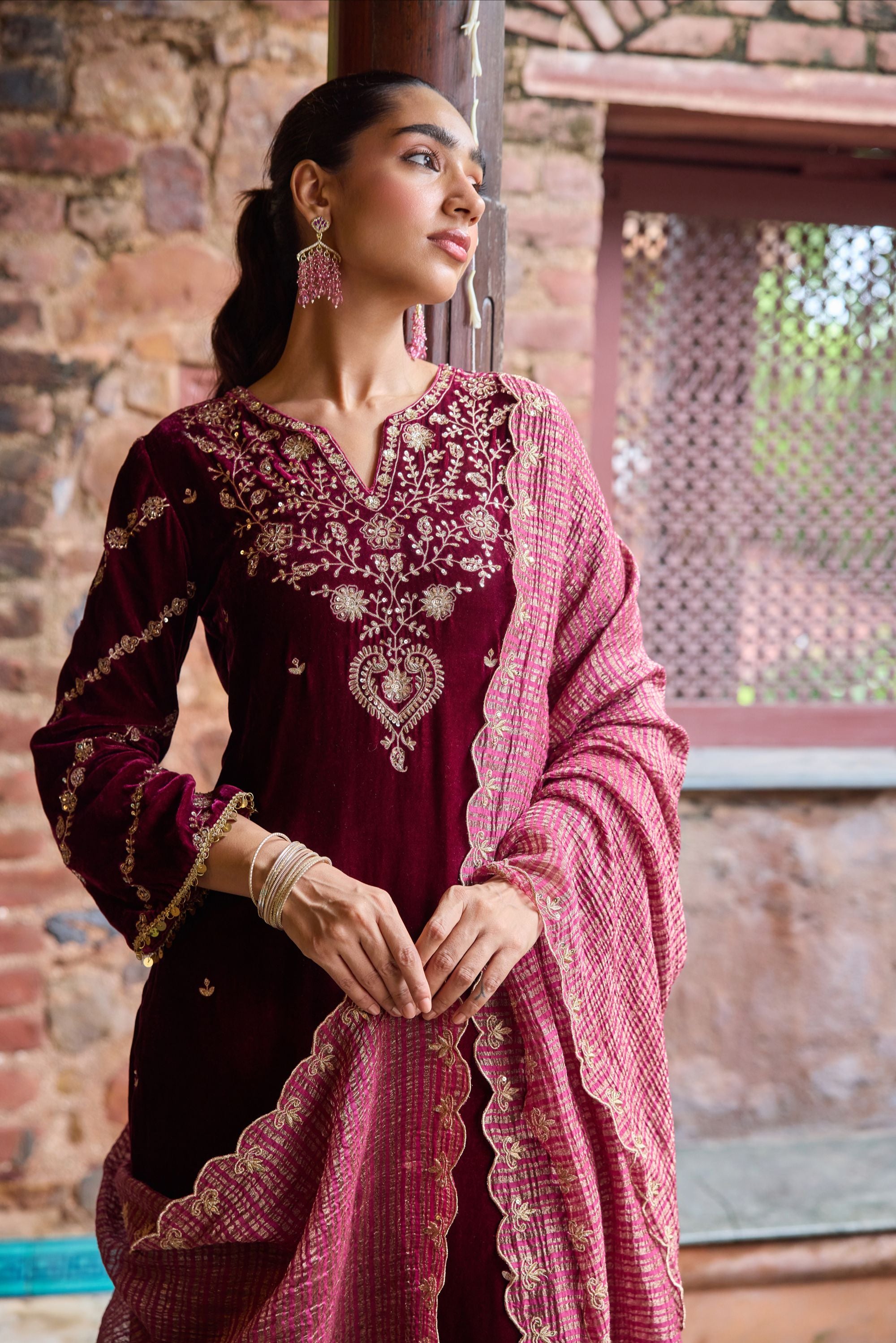Nayab Plum Embroidered Silk Velvet Handcrafted Kurta Set