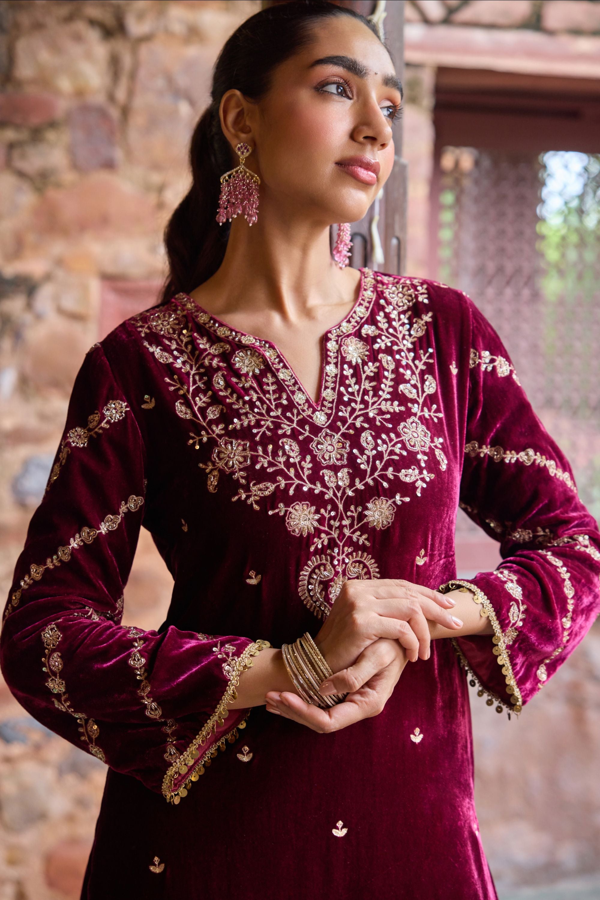 Nayab Plum Embroidered Silk Velvet Handcrafted Kurta Set