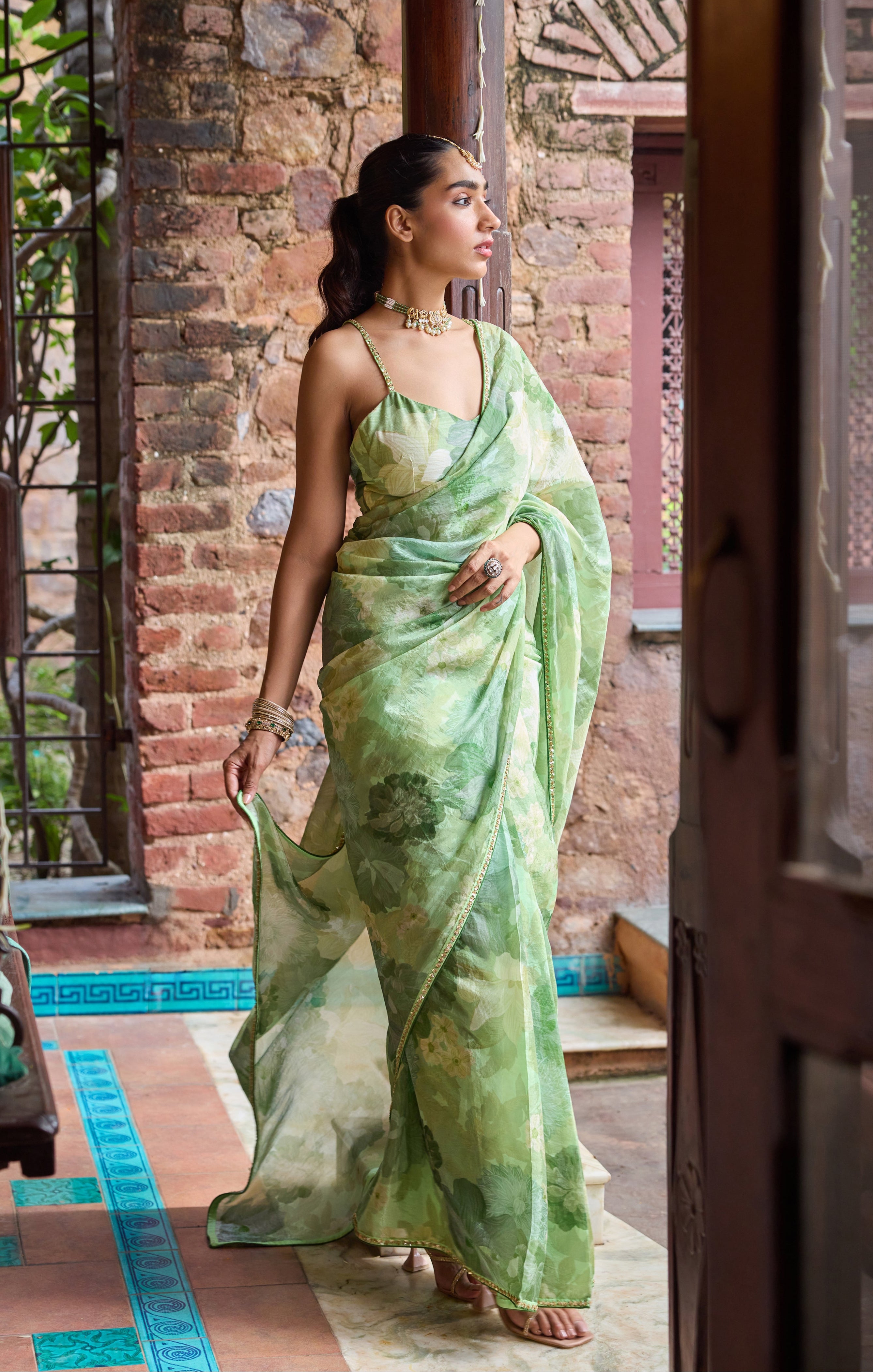 Amber Luxe Organza Floral Printed Light Green Saree