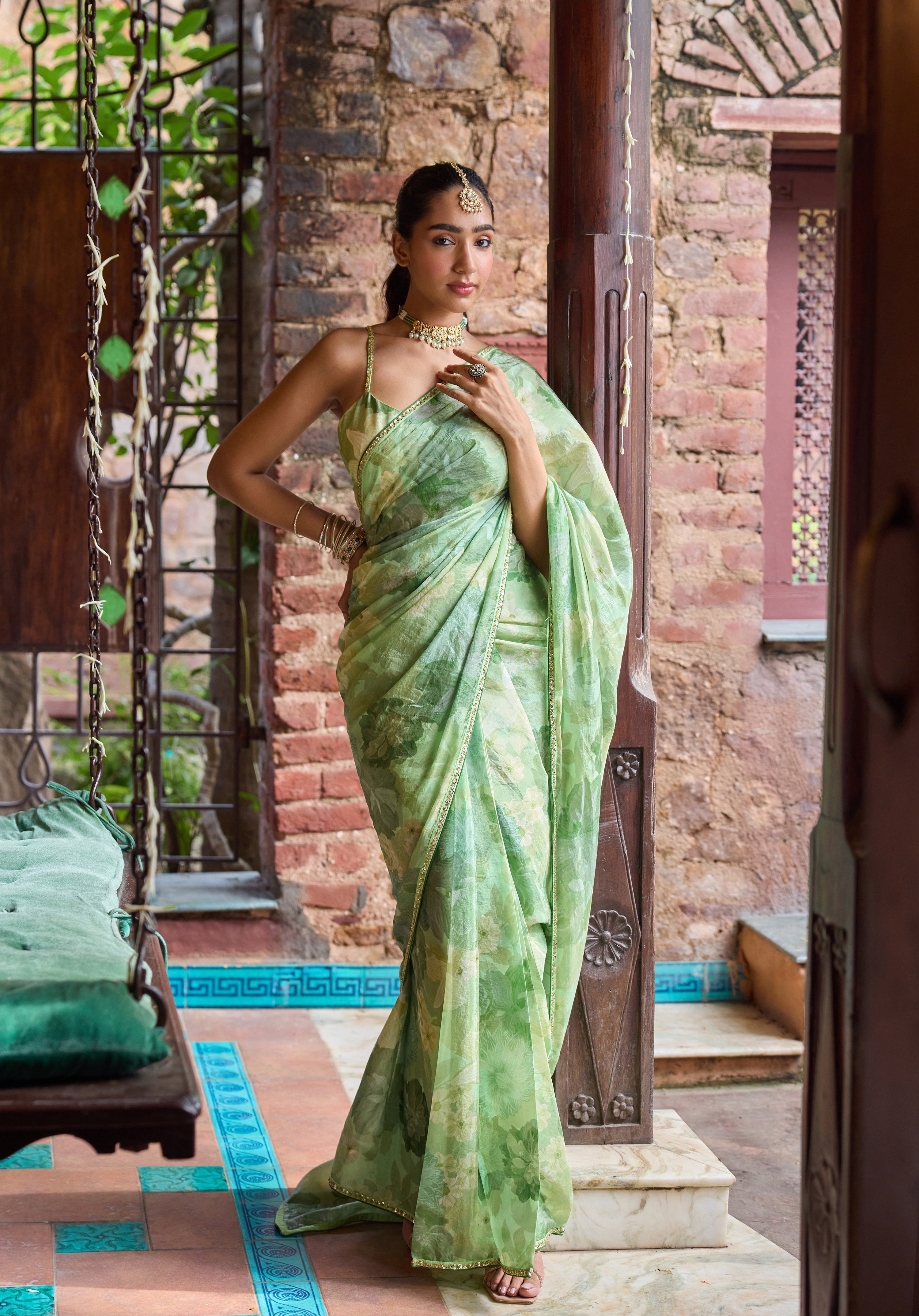 Amber Luxe Organza Floral Printed Light Green Saree
