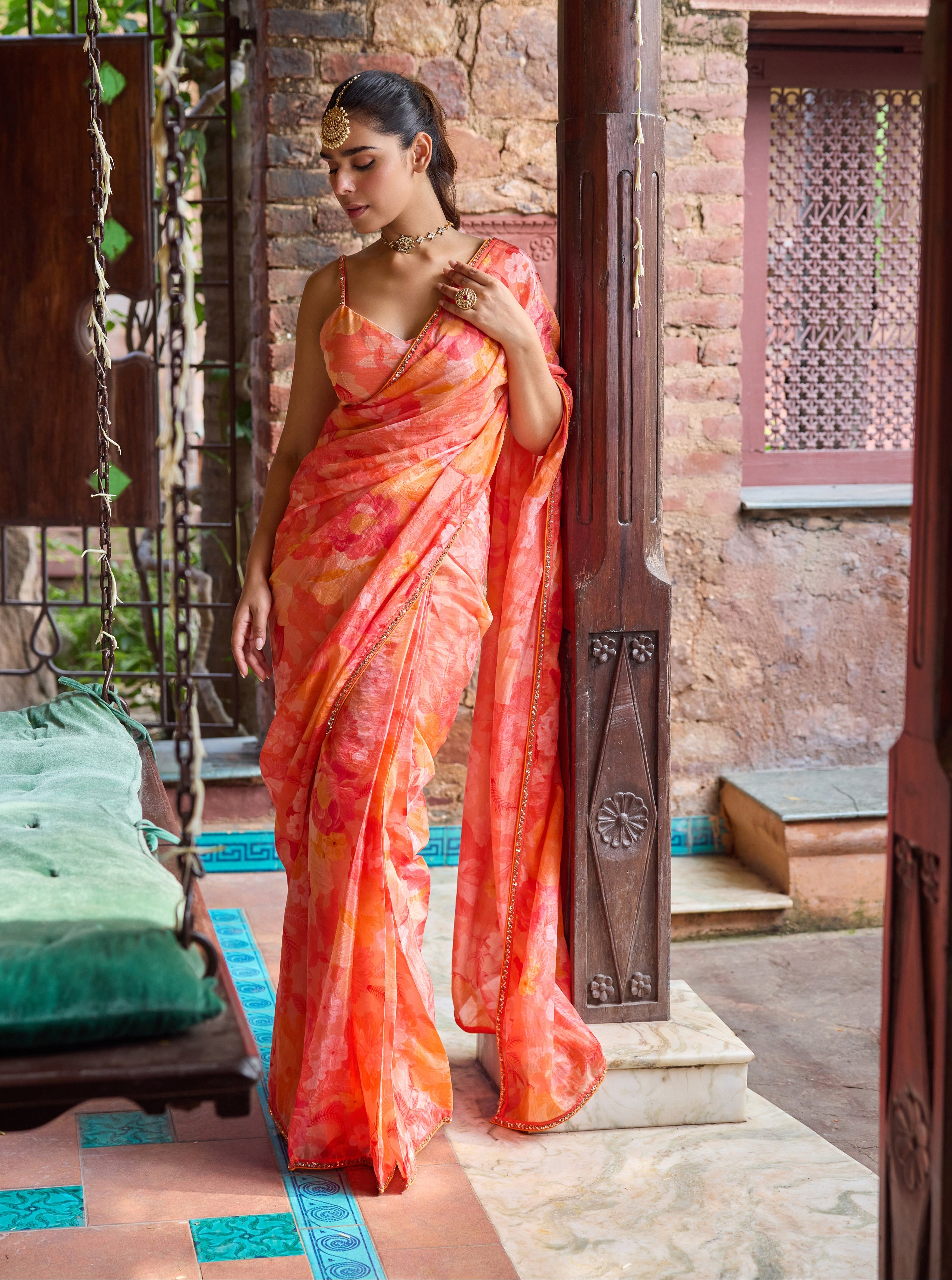 Amber Red & Orange Floral Printed Luxe Organza Saree
