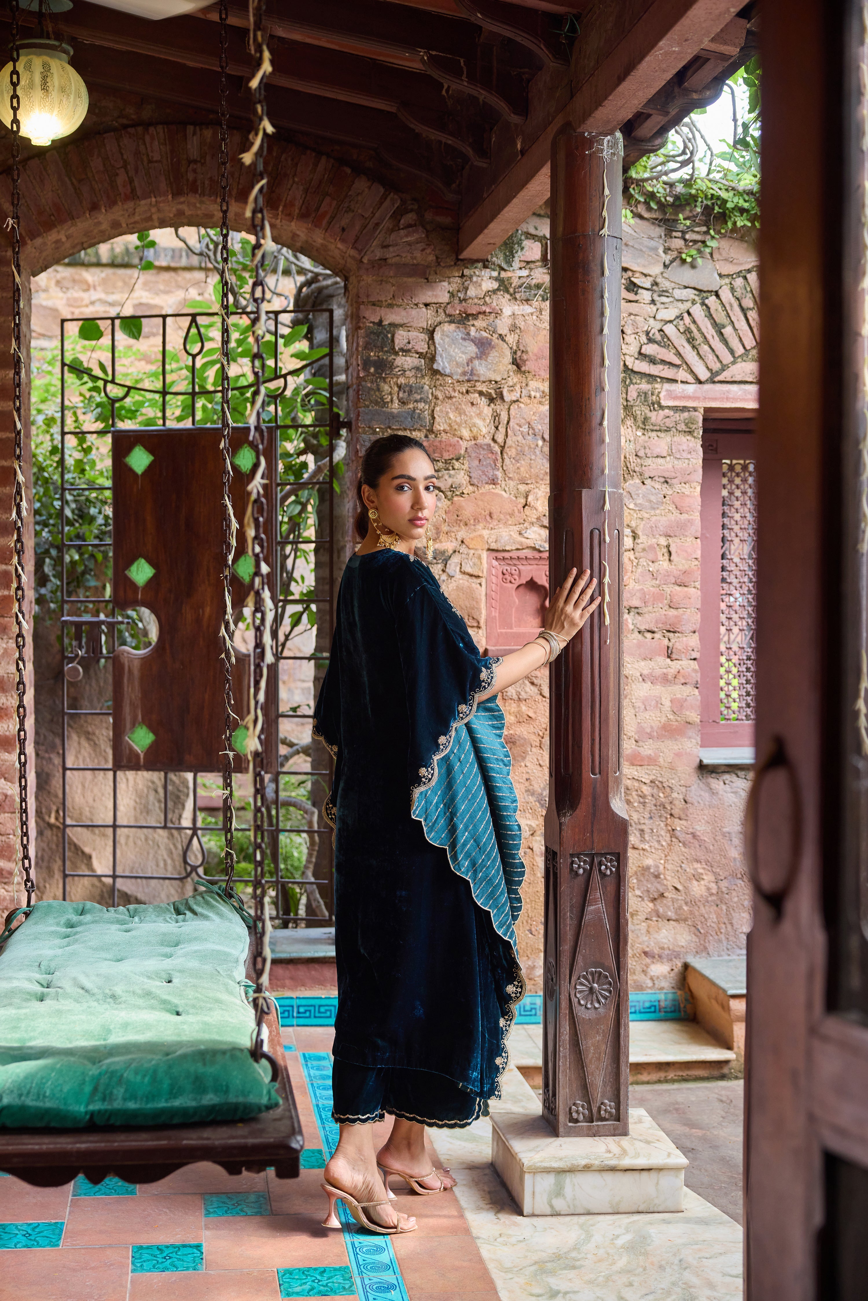 Firoz Midnight Blue Embroidered Silk Velvet Kaftan Set (READY TO SHIP)