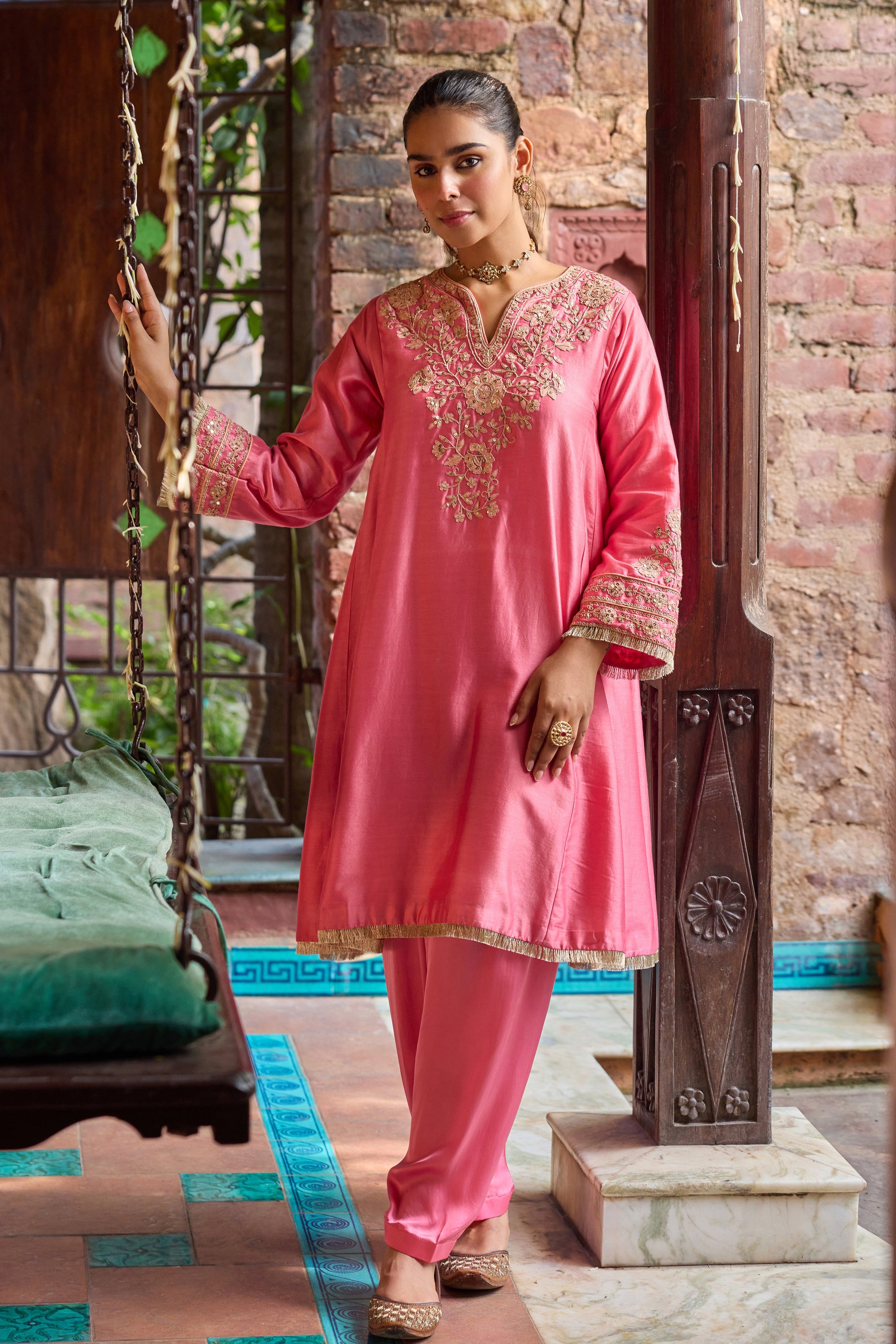 Kainat Silk Chanderi Embroidered Pink A-Line Choga Set