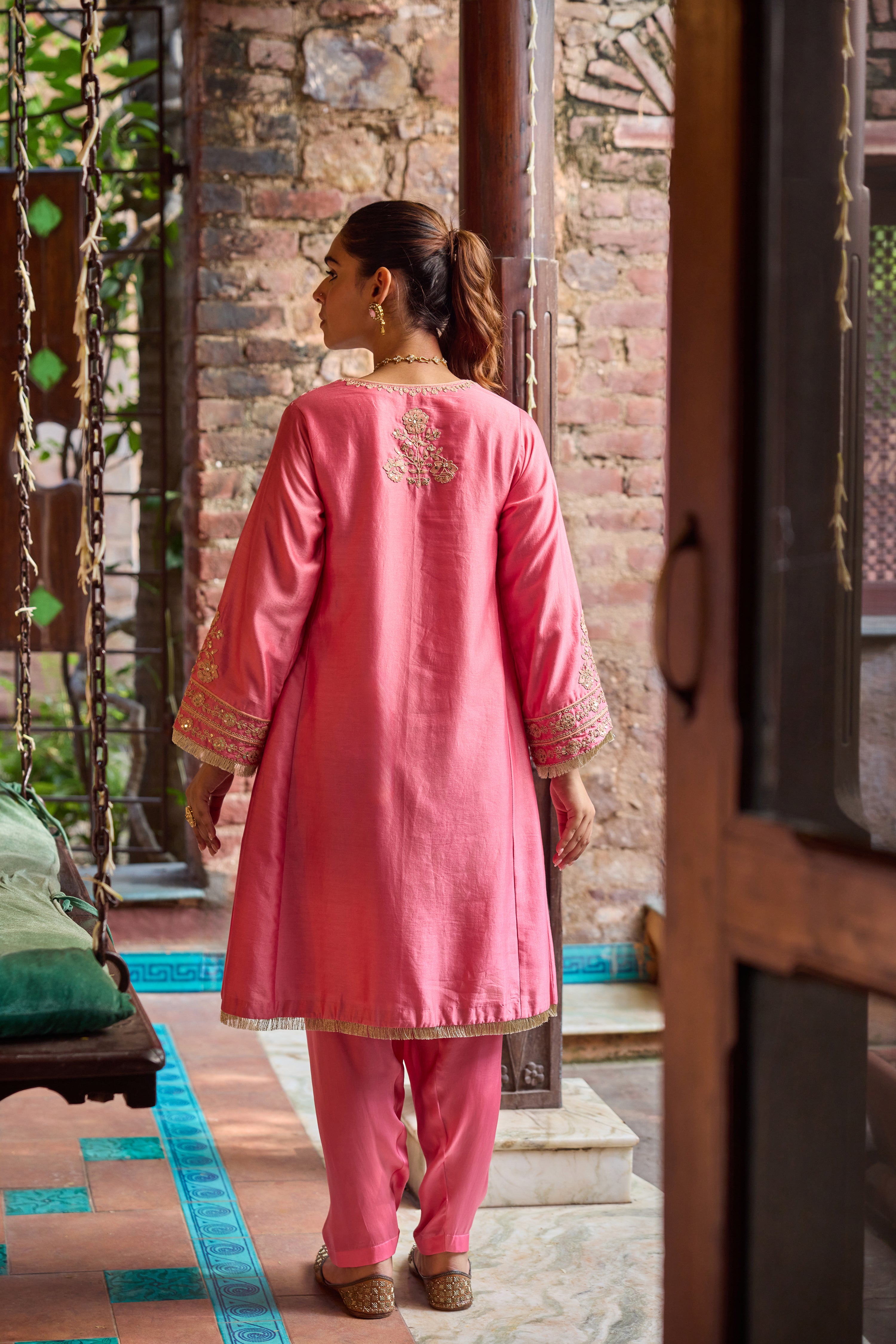 Kainat Silk Chanderi Embroidered Pink A-Line Choga Set
