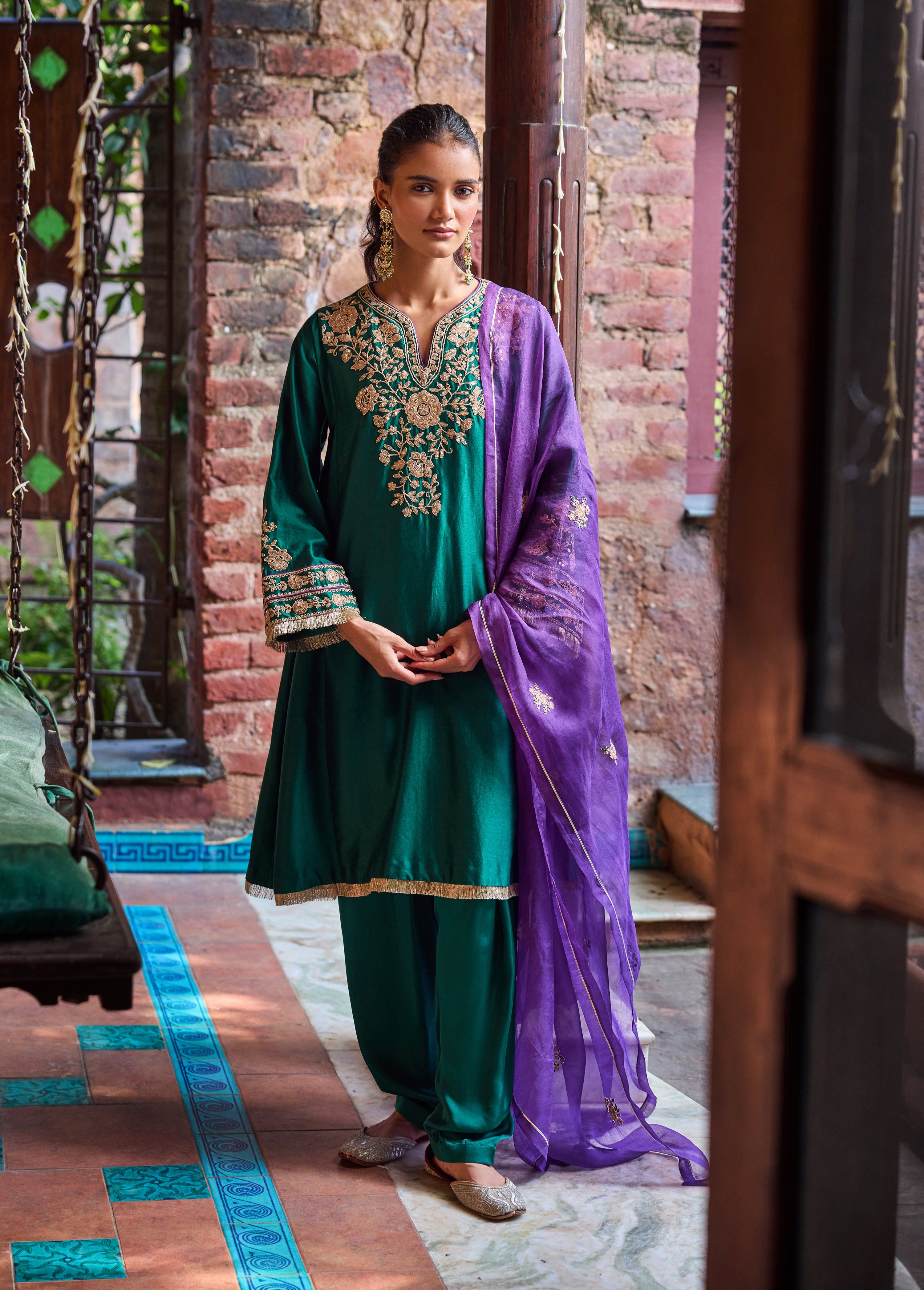 Kainat Silk Chanderi Embroidered Emerald Green A-Line Choga Set