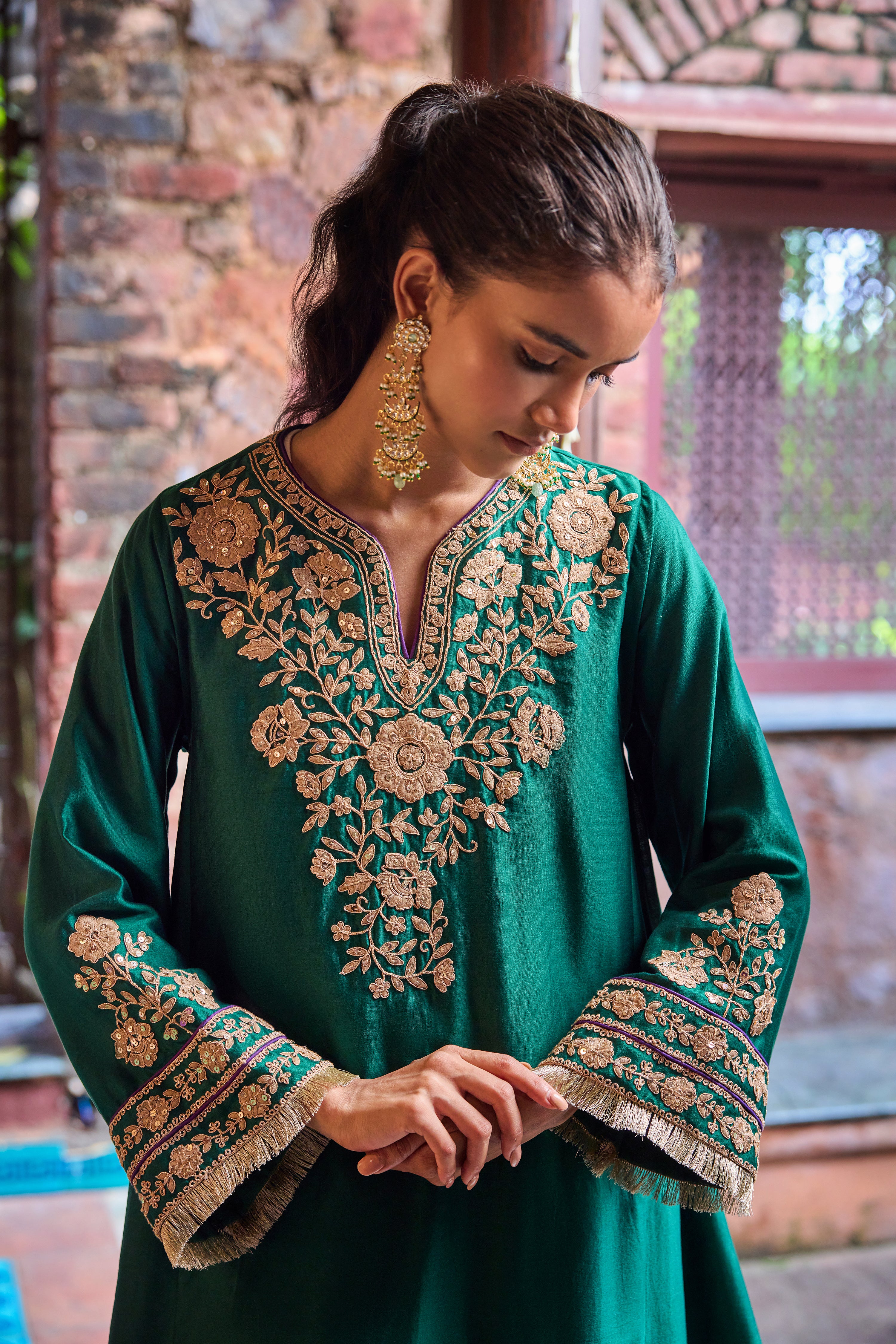 Kainat Silk Chanderi Embroidered Emerald Green A-Line Choga Set
