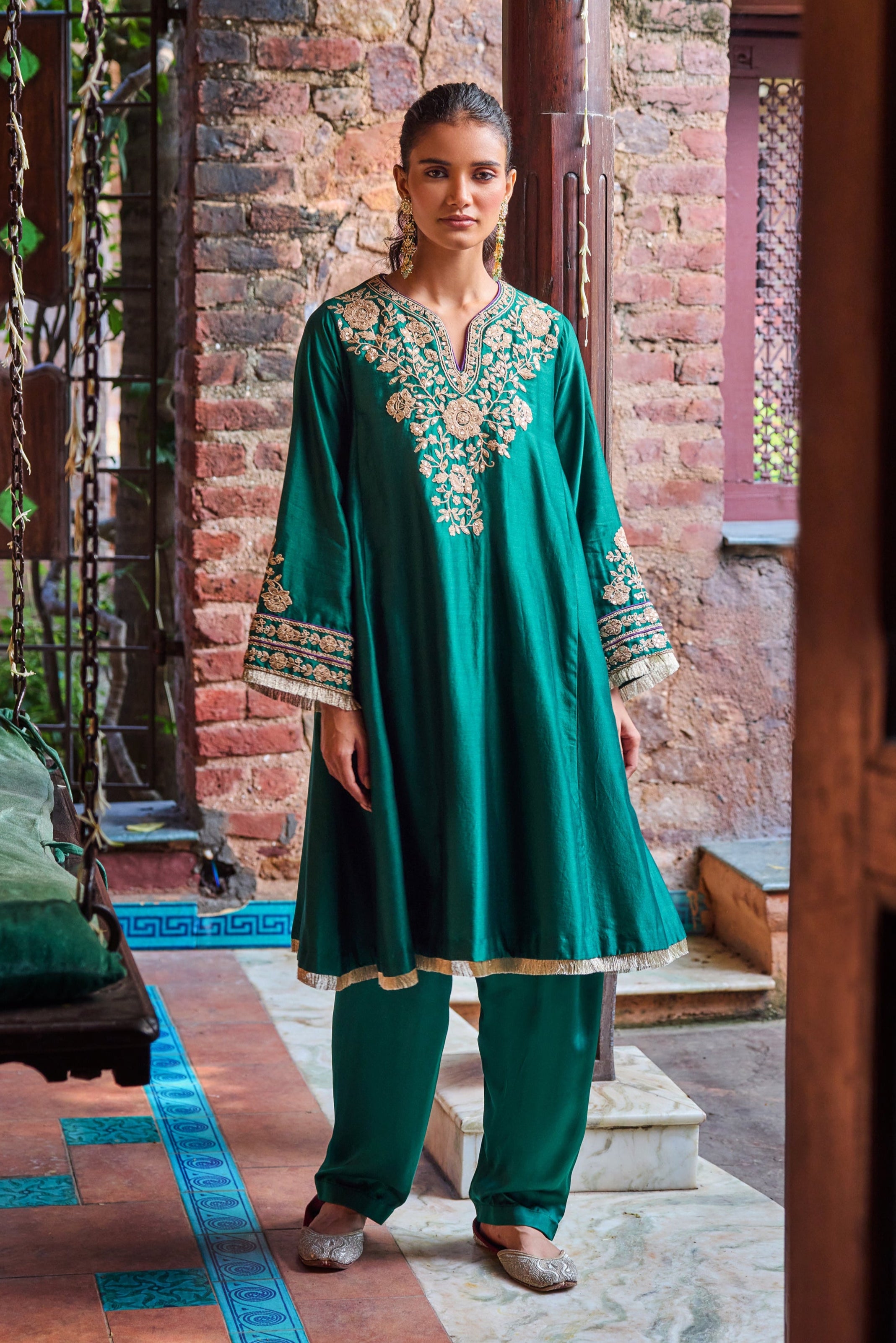 Kainat Silk Chanderi Embroidered Emerald Green A-Line Choga Set