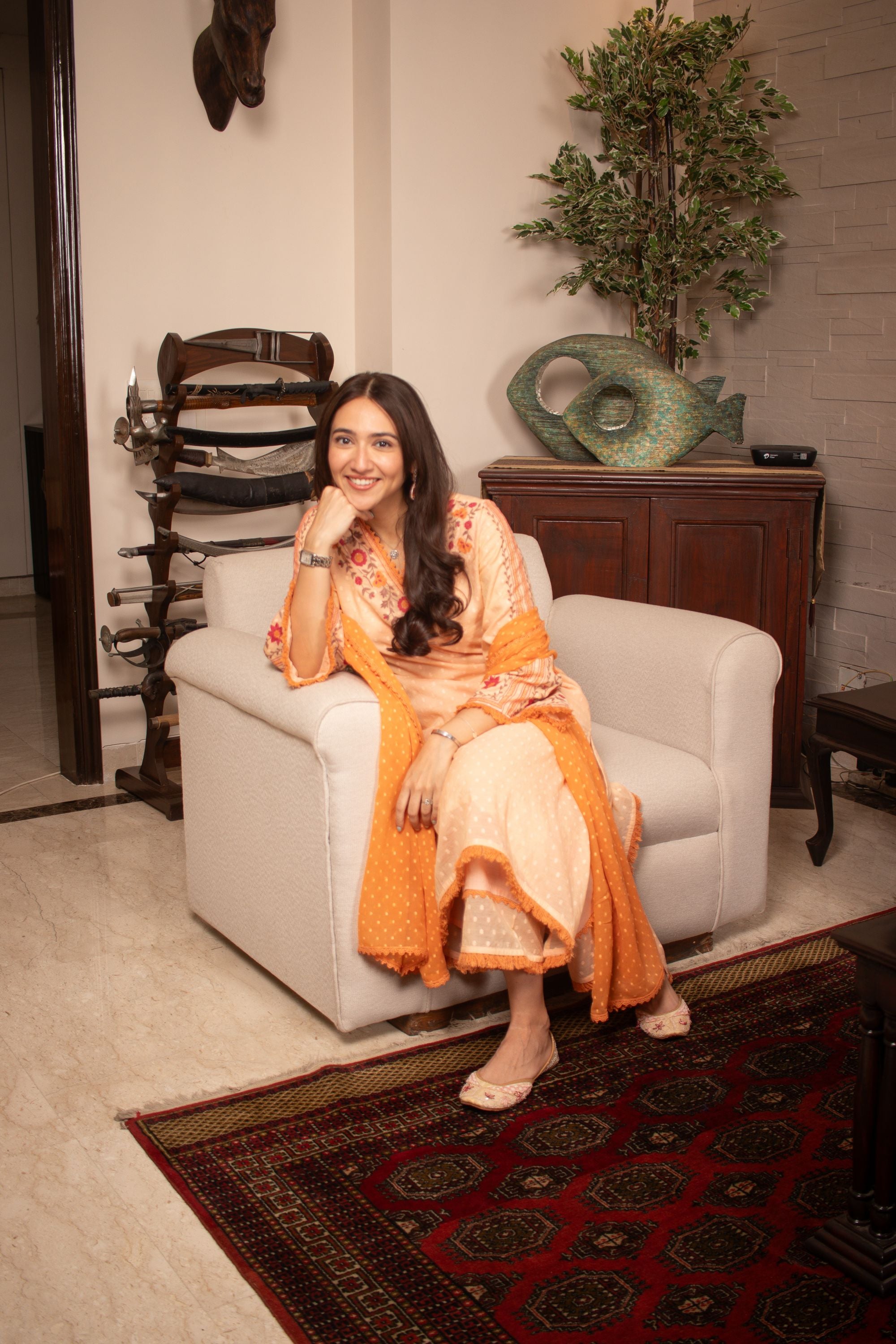 Sahiba Bali in RESHM CORAL JACQUARD EMBROIDERED KURTA SET