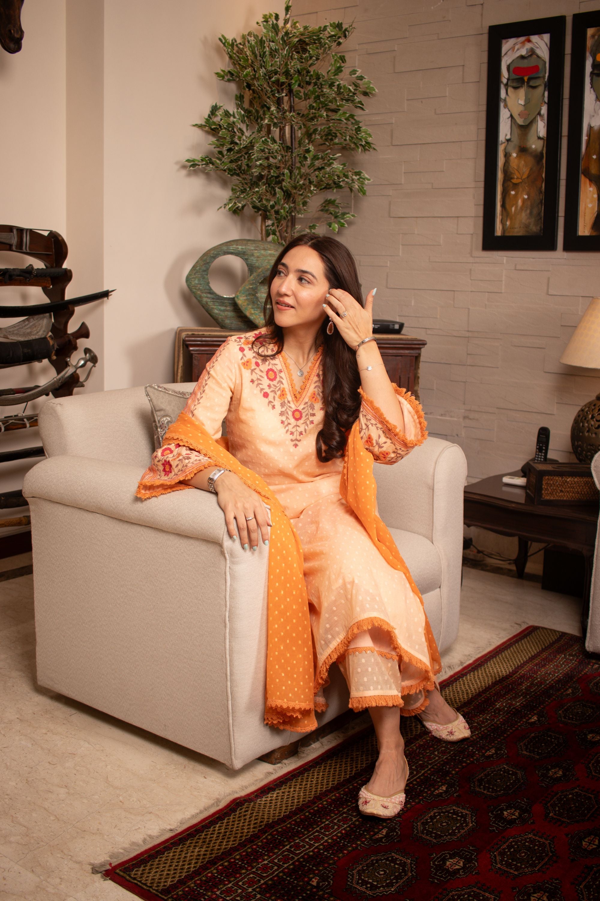 Sahiba Bali in RESHM CORAL JACQUARD EMBROIDERED KURTA SET