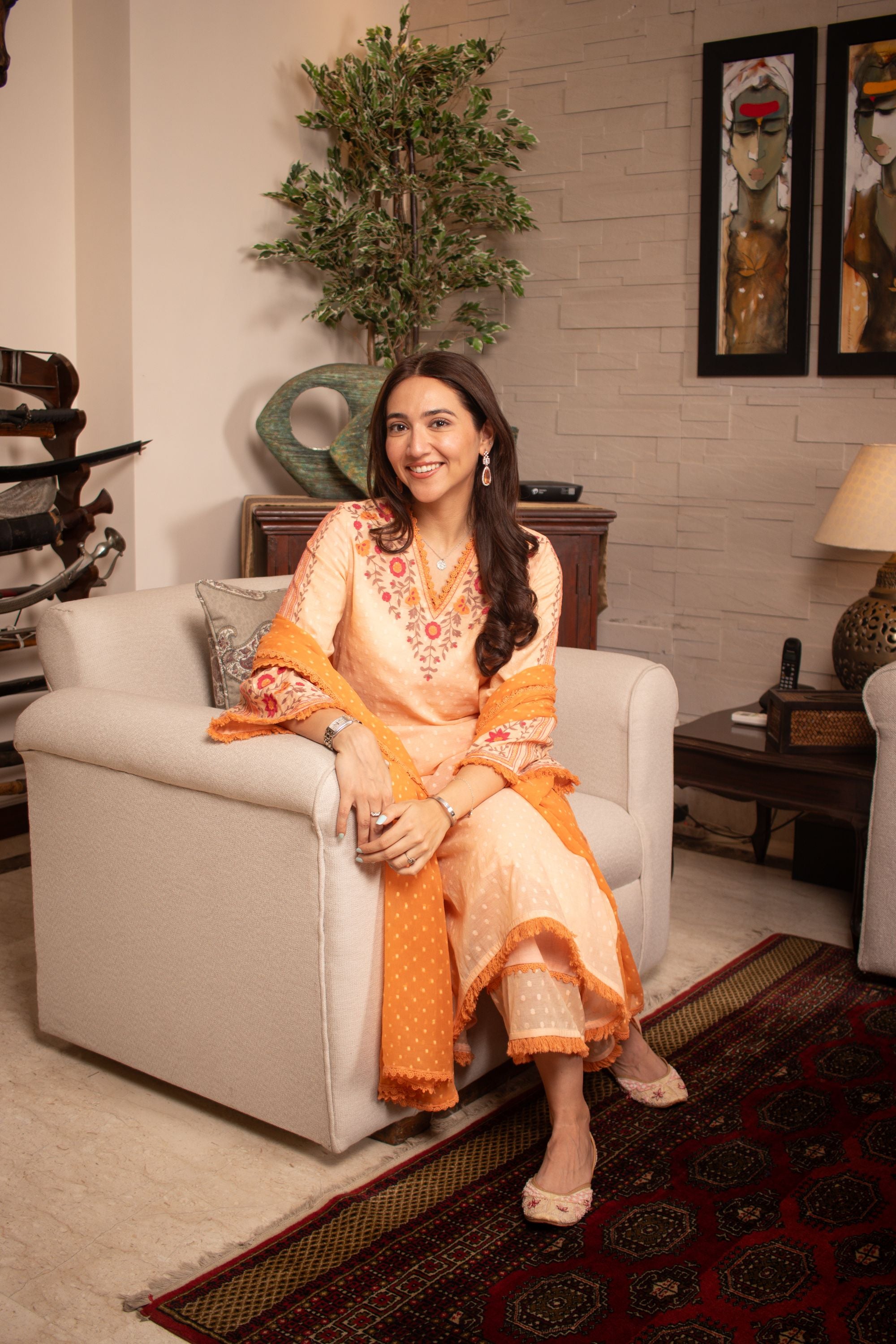 Sahiba Bali in RESHM CORAL JACQUARD EMBROIDERED KURTA SET