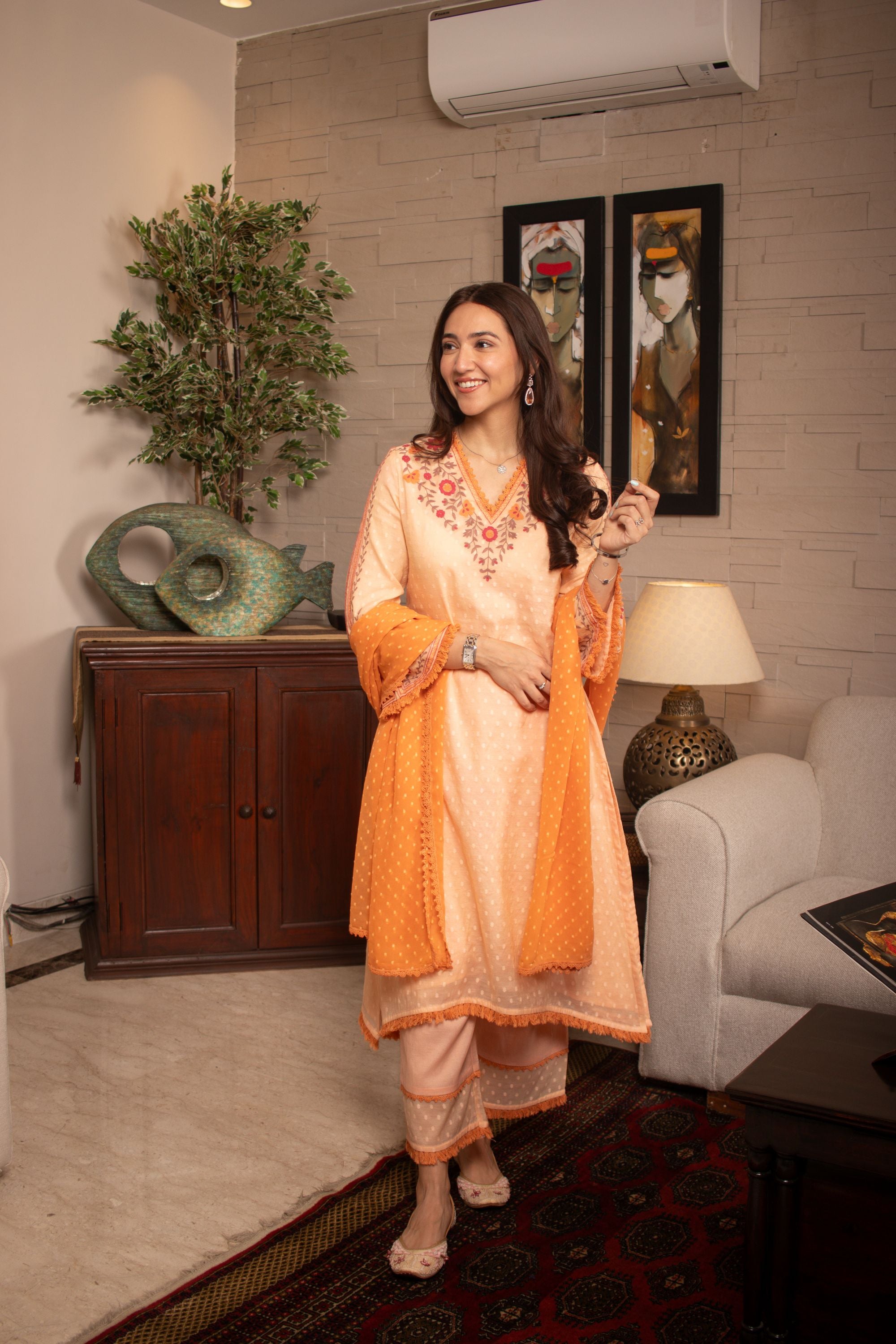 Sahiba Bali in RESHM CORAL JACQUARD EMBROIDERED KURTA SET