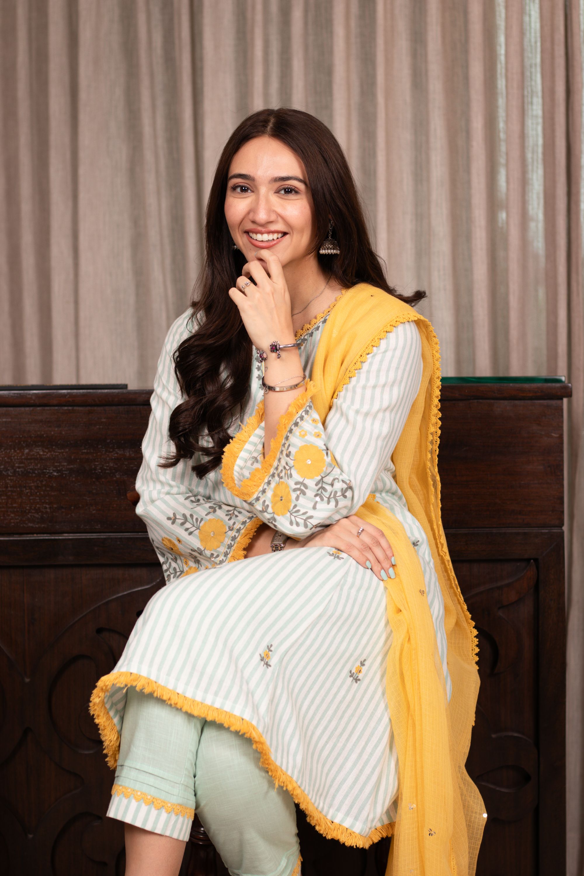 Sahiba Bali in SAYA GREEN EMBROIDERED YARN DYED HANDCRAFTED KURTA SET