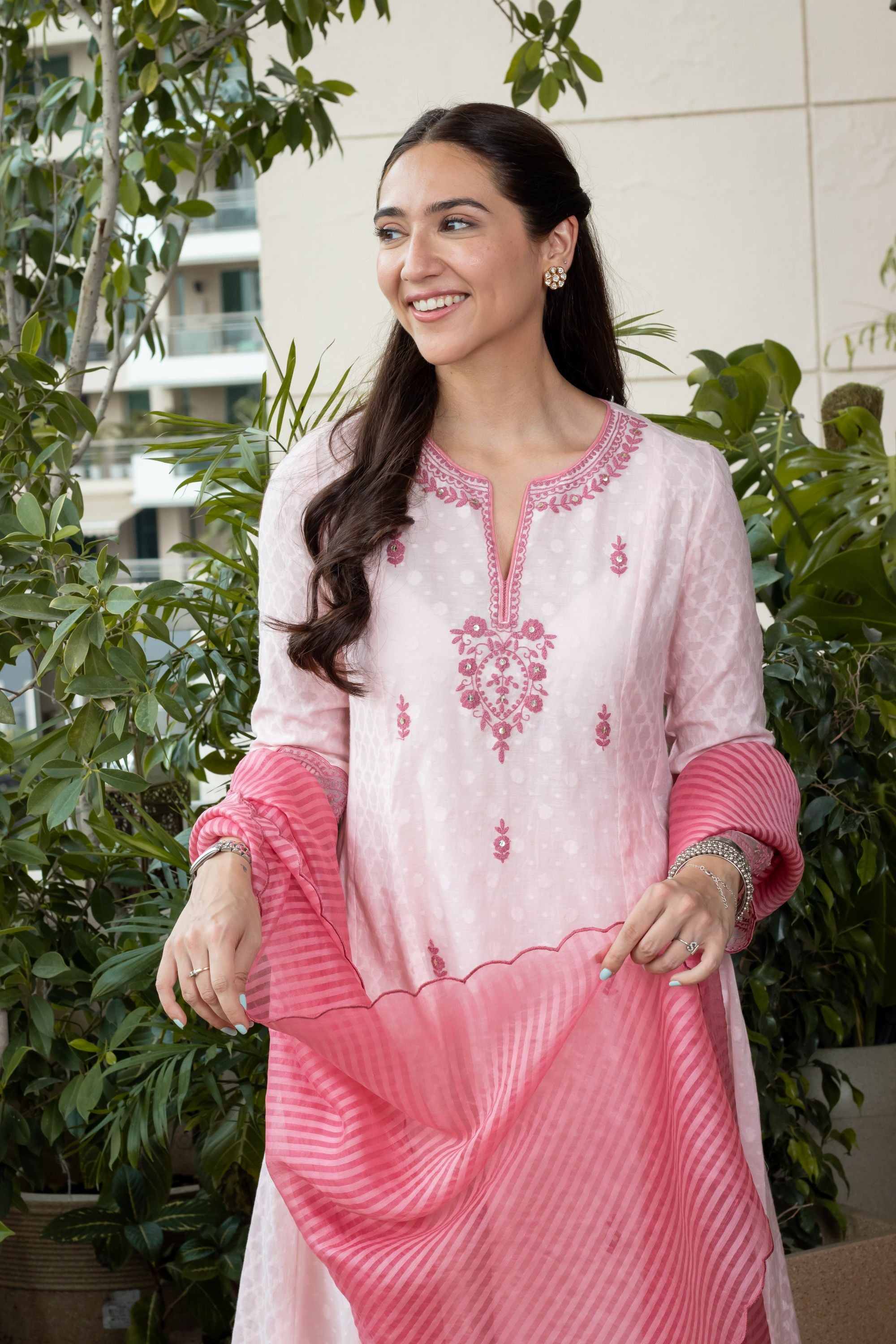 Sahiba Bali in GULNAAR PINK JACQUARD EMBROIDERED HANDCRAFTED KURTA SET