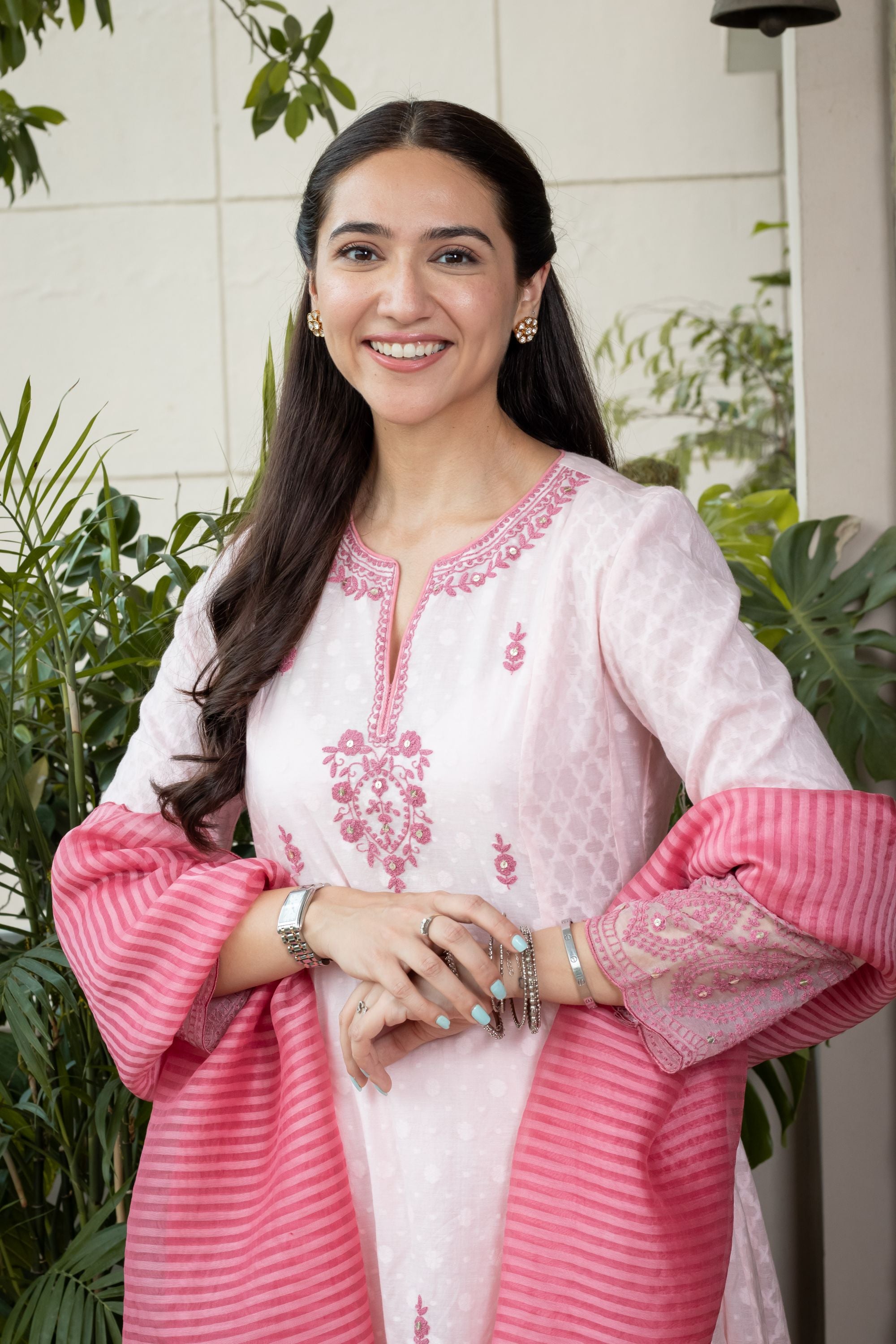 Sahiba Bali in GULNAAR PINK JACQUARD EMBROIDERED HANDCRAFTED KURTA SET