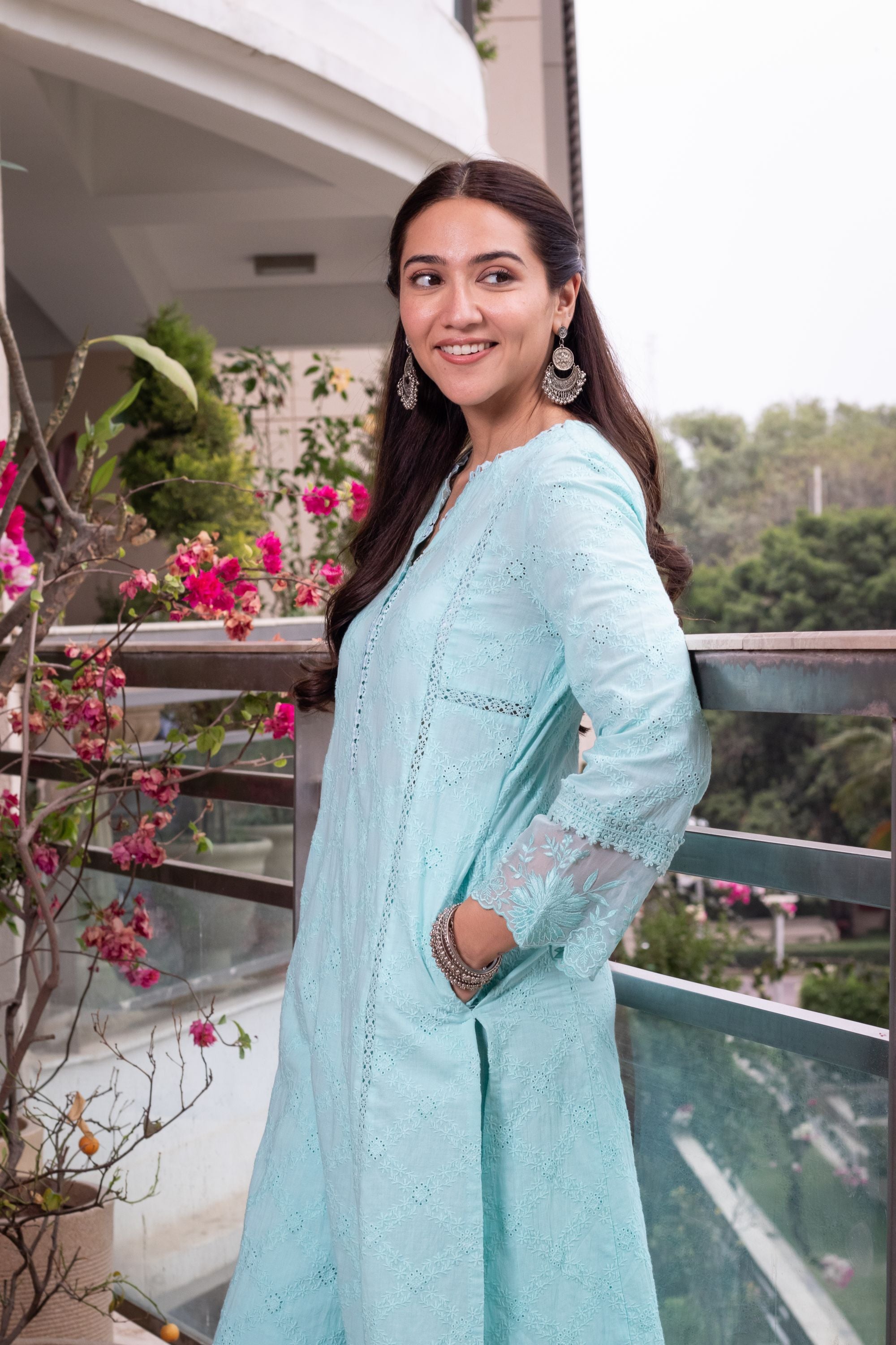 Sahiba Bali in MAIRA BLUE SCHIFFLI EMBROIDERED KURTA SET