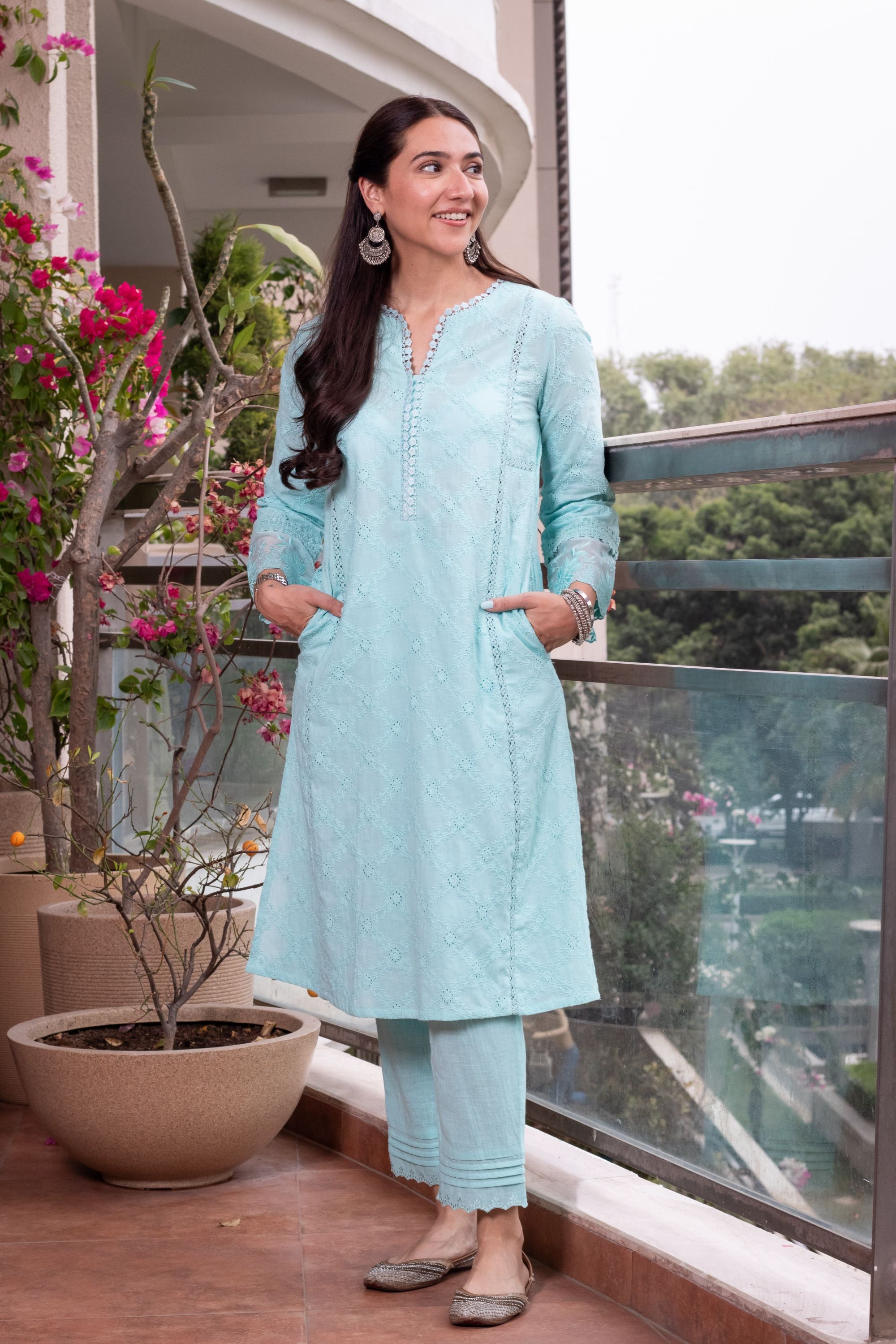 Sahiba Bali in MAIRA BLUE SCHIFFLI EMBROIDERED KURTA SET