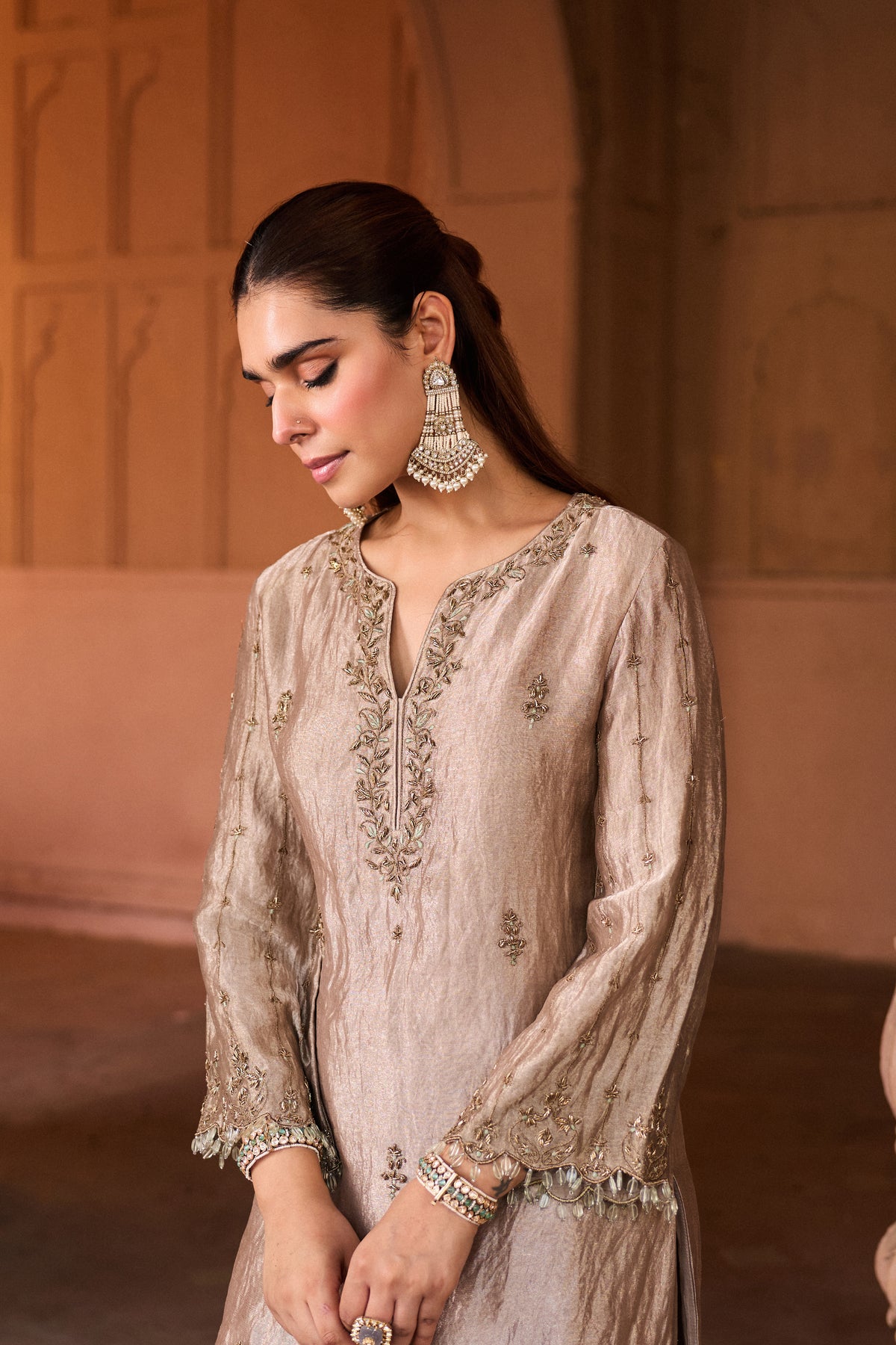 SHAHBANO SILK TISSUE HANDCRAFTED SILVER KURTA SET WITH FARSHI SALWAR