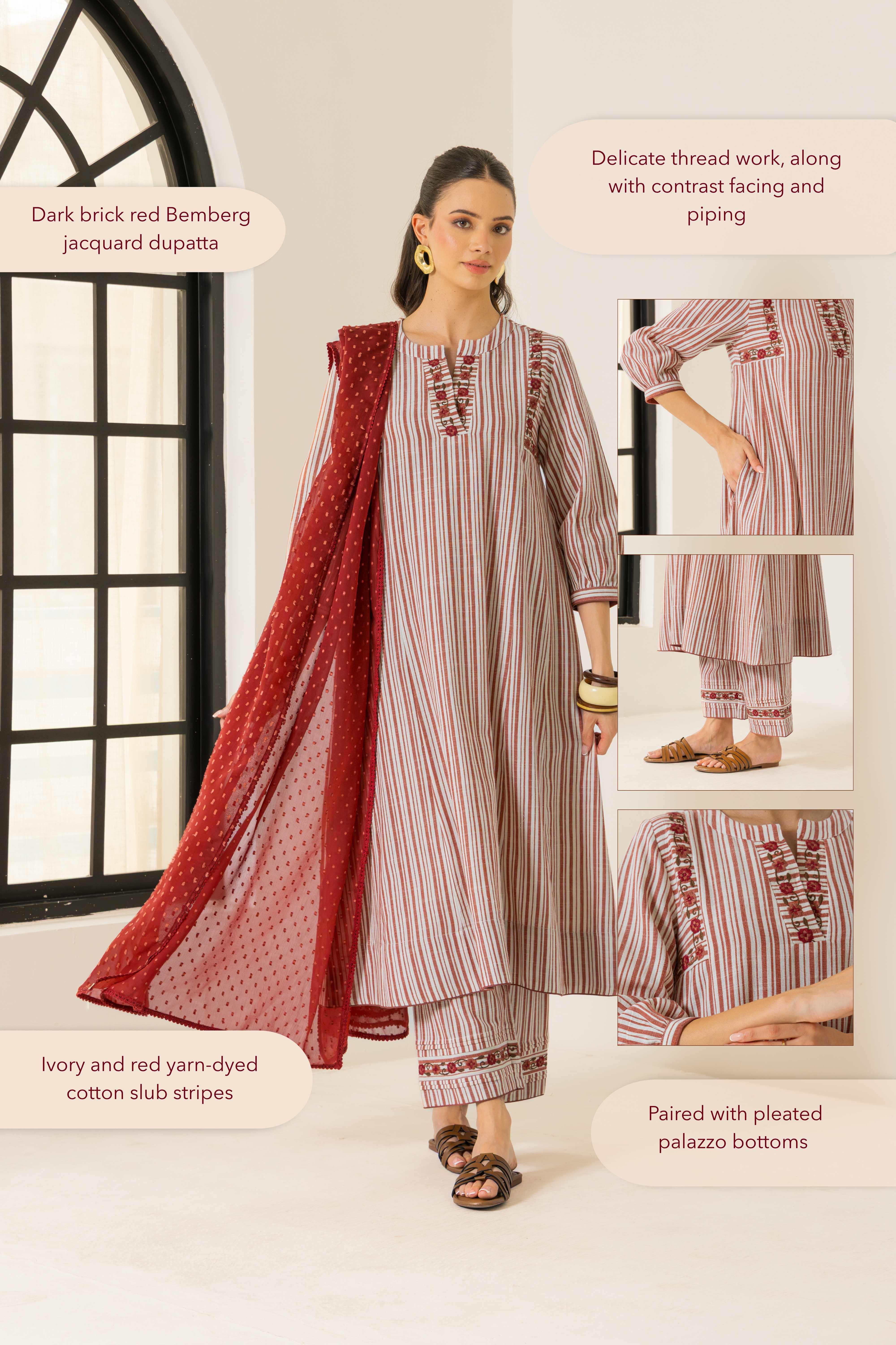 Aaliyah Ivory & Red Embroidered Yarn Dyed Cotton Handcrafted Kurta Set