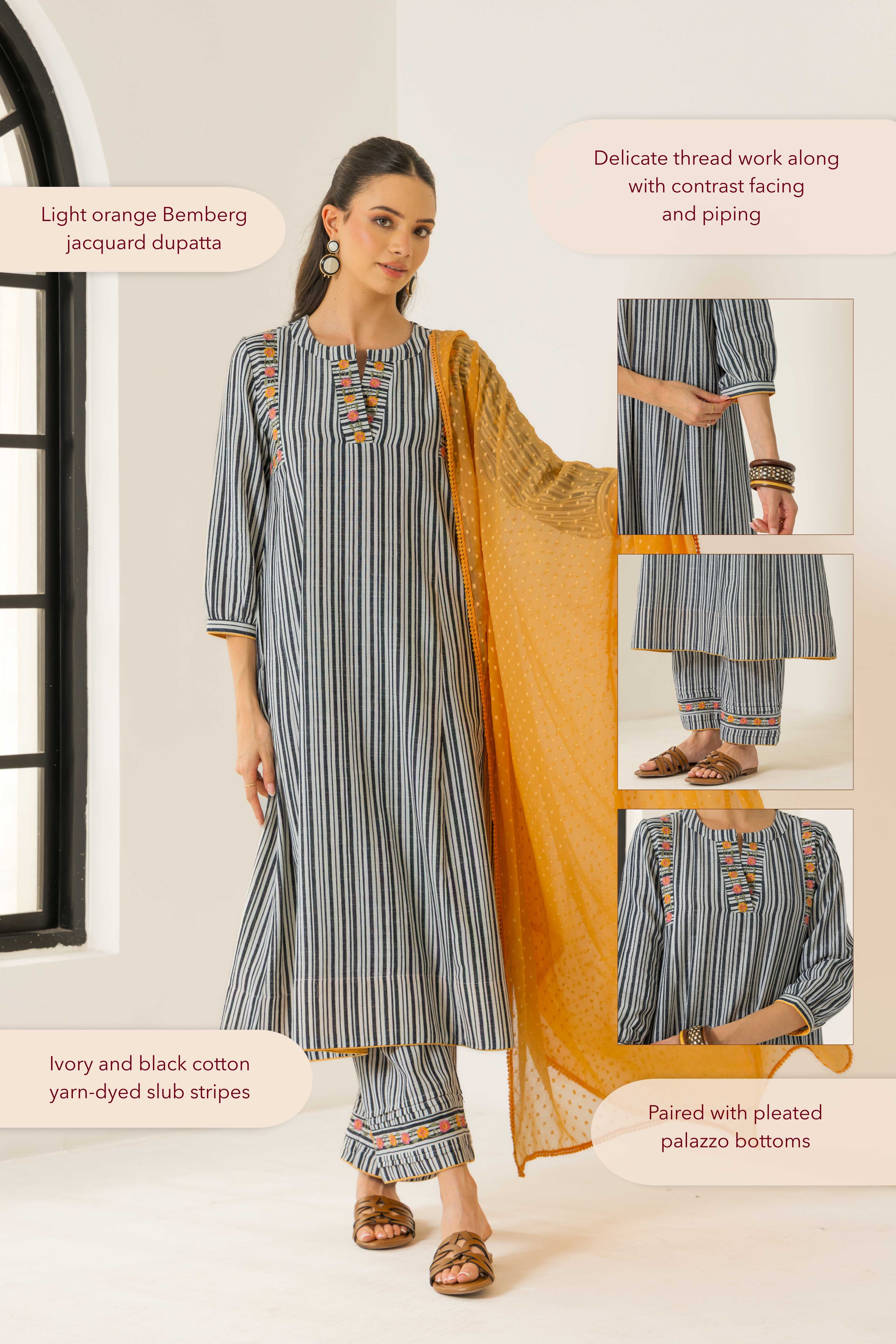 Aaliyah Ivory & Black Embroidered Yarn Dyed Cotton Handcrafted Kurta Set