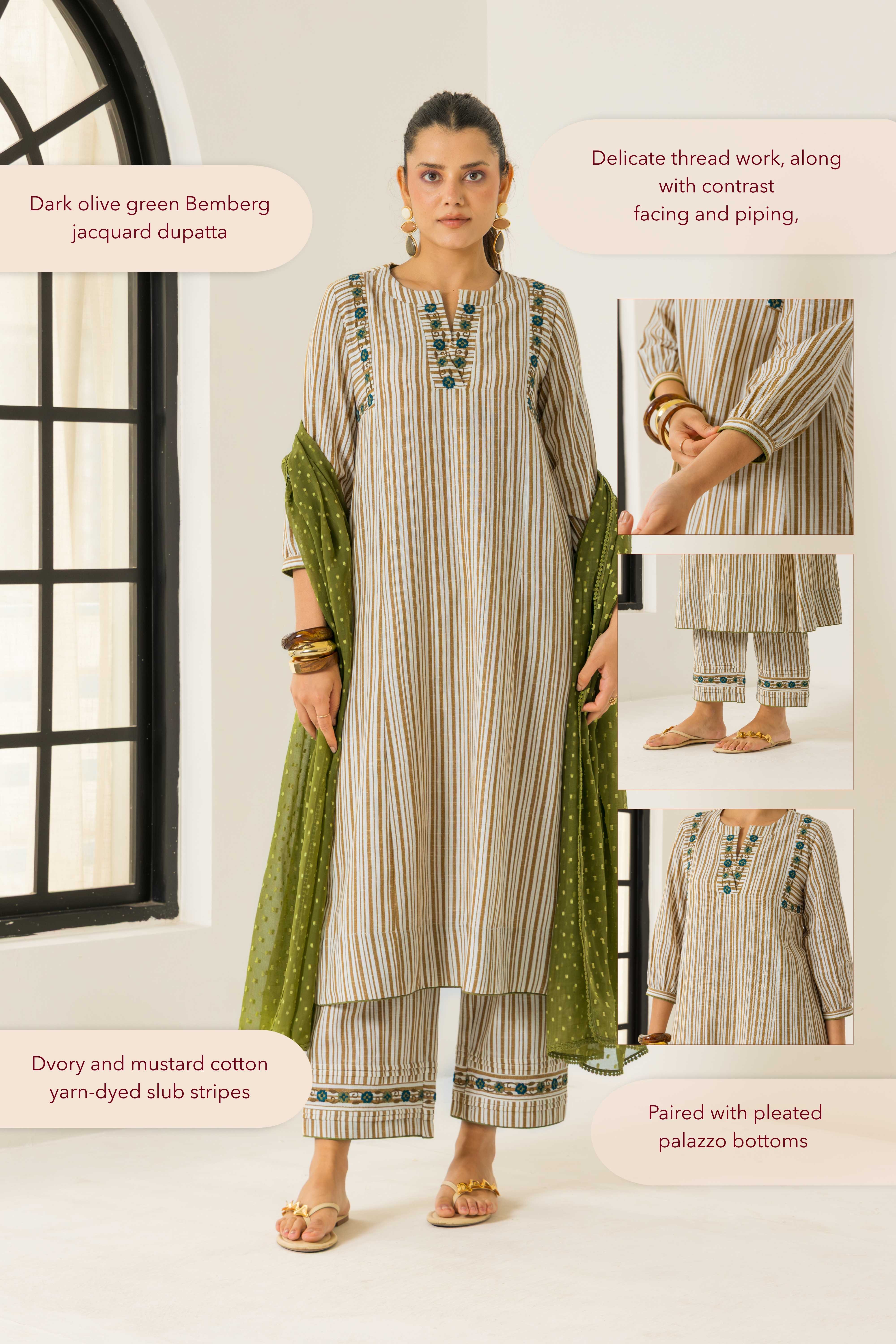 Aaliyah Ivory & Mustard Embroidered Yarn Dyed Cotton Handcrafted Kurta Set