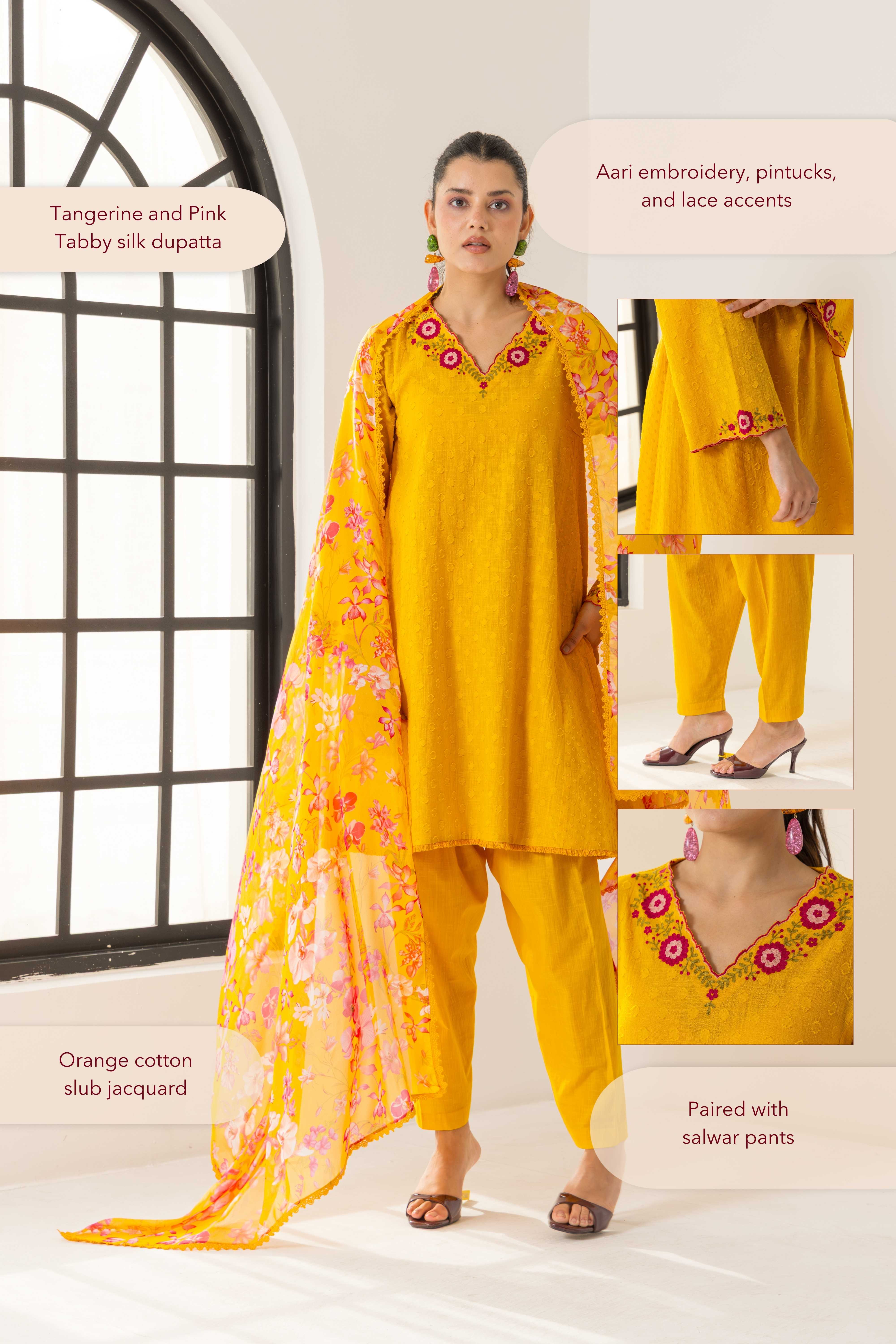 Azra Orange Cotton Slub Jacquard Handcrafted Choga set with Aari Embroidery