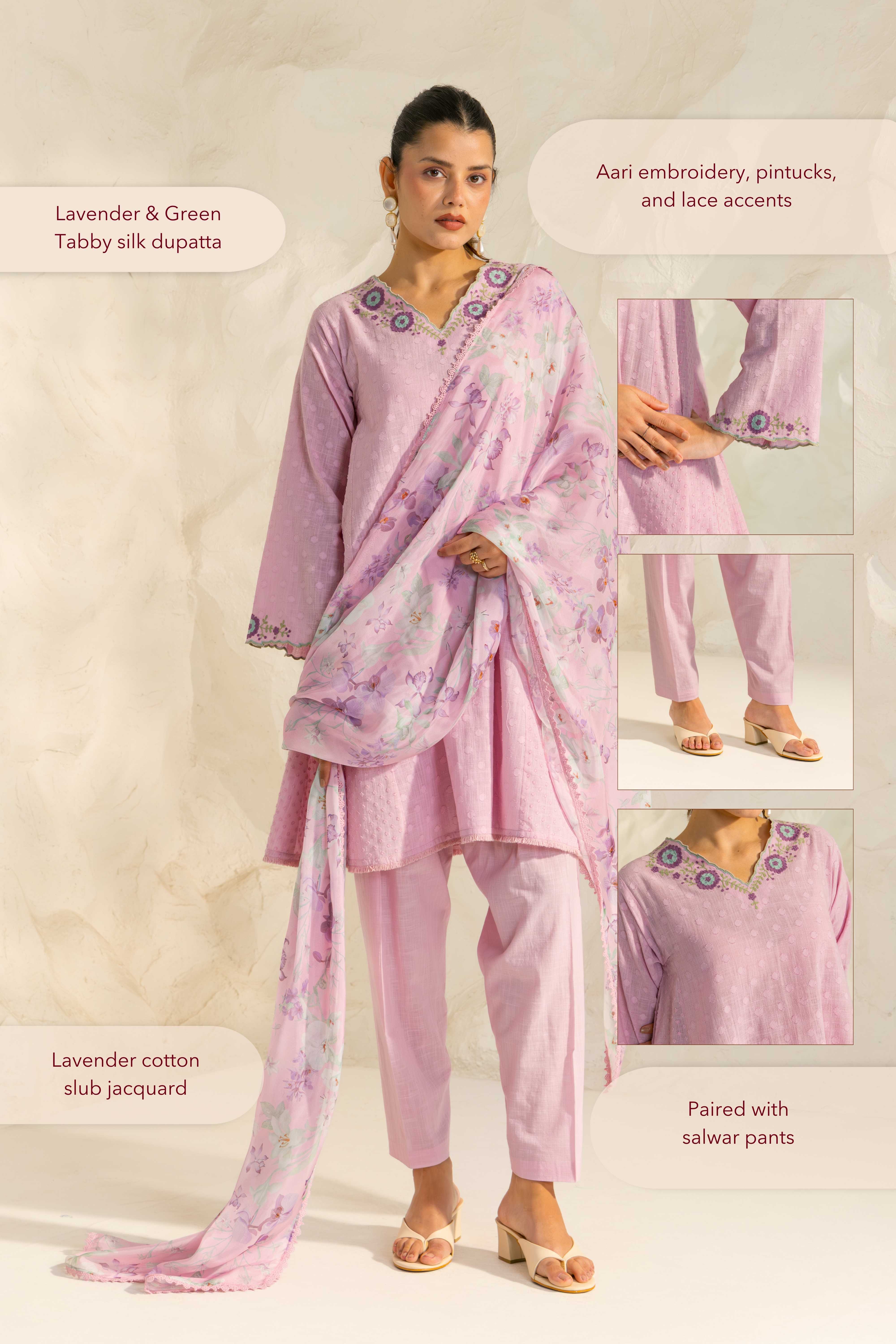 Azra Lavender Cotton Slub Jacquard Handcrafted Choga set with Aari Embroidery