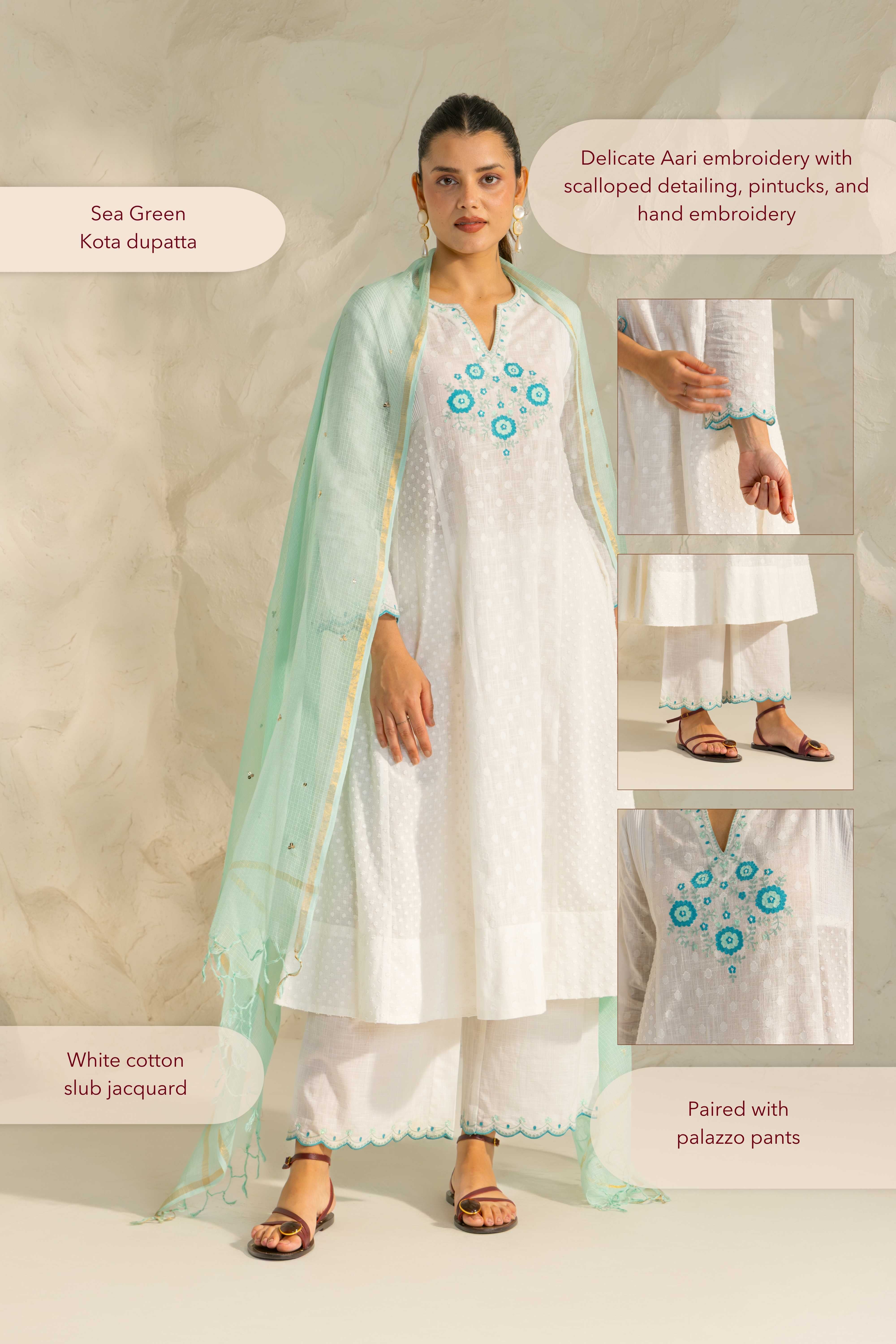 Kiara White Cotton Slub Jacquard Handcrafted Kurta Set with Aari Embroidery