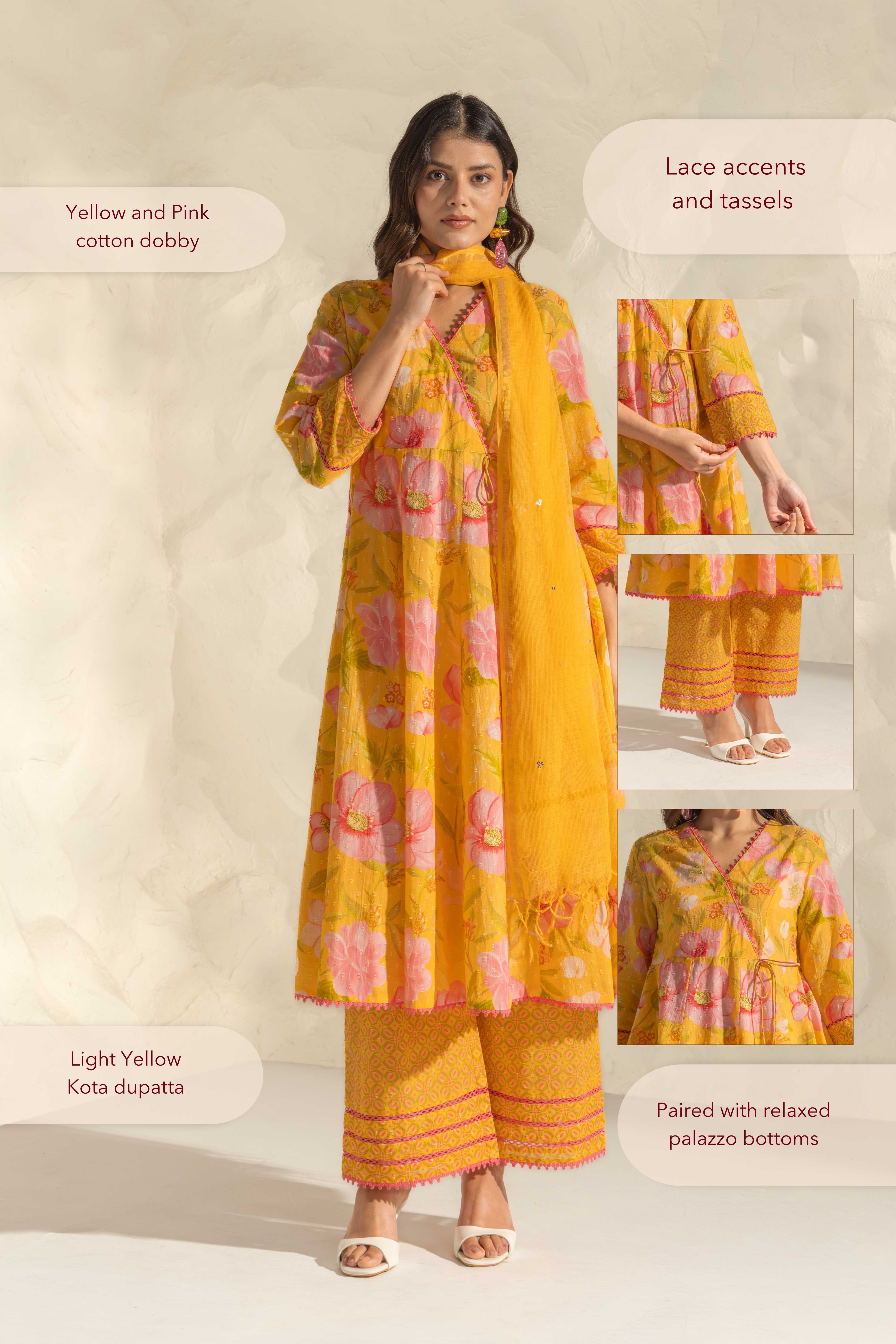 Riva Yellow & Pink Handcrafted Floral Printed Cotton Dobby Angrakha Set