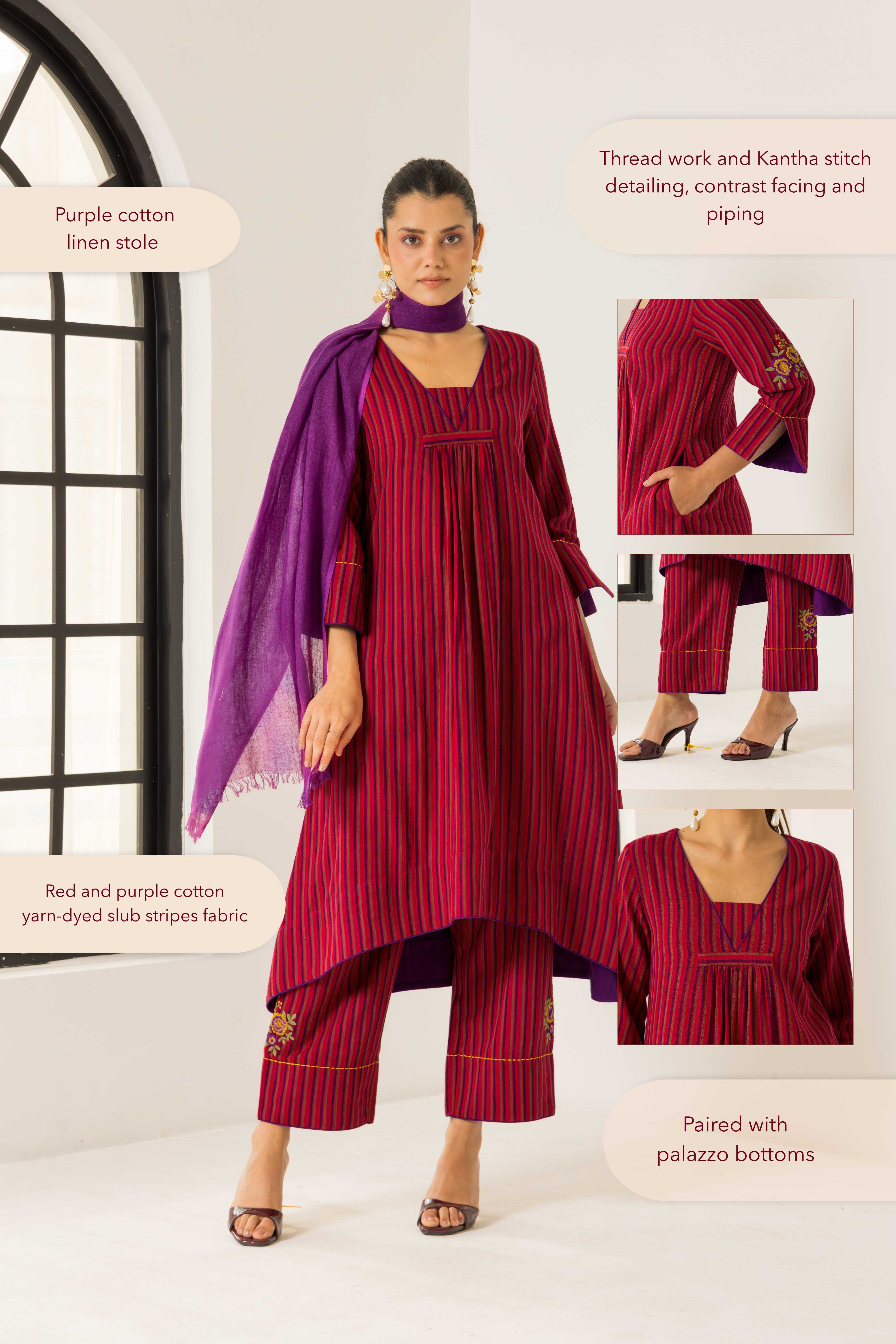 Rosa Red & Purple Embroidered Yarn Dyed Handcrafted Kurta Set
