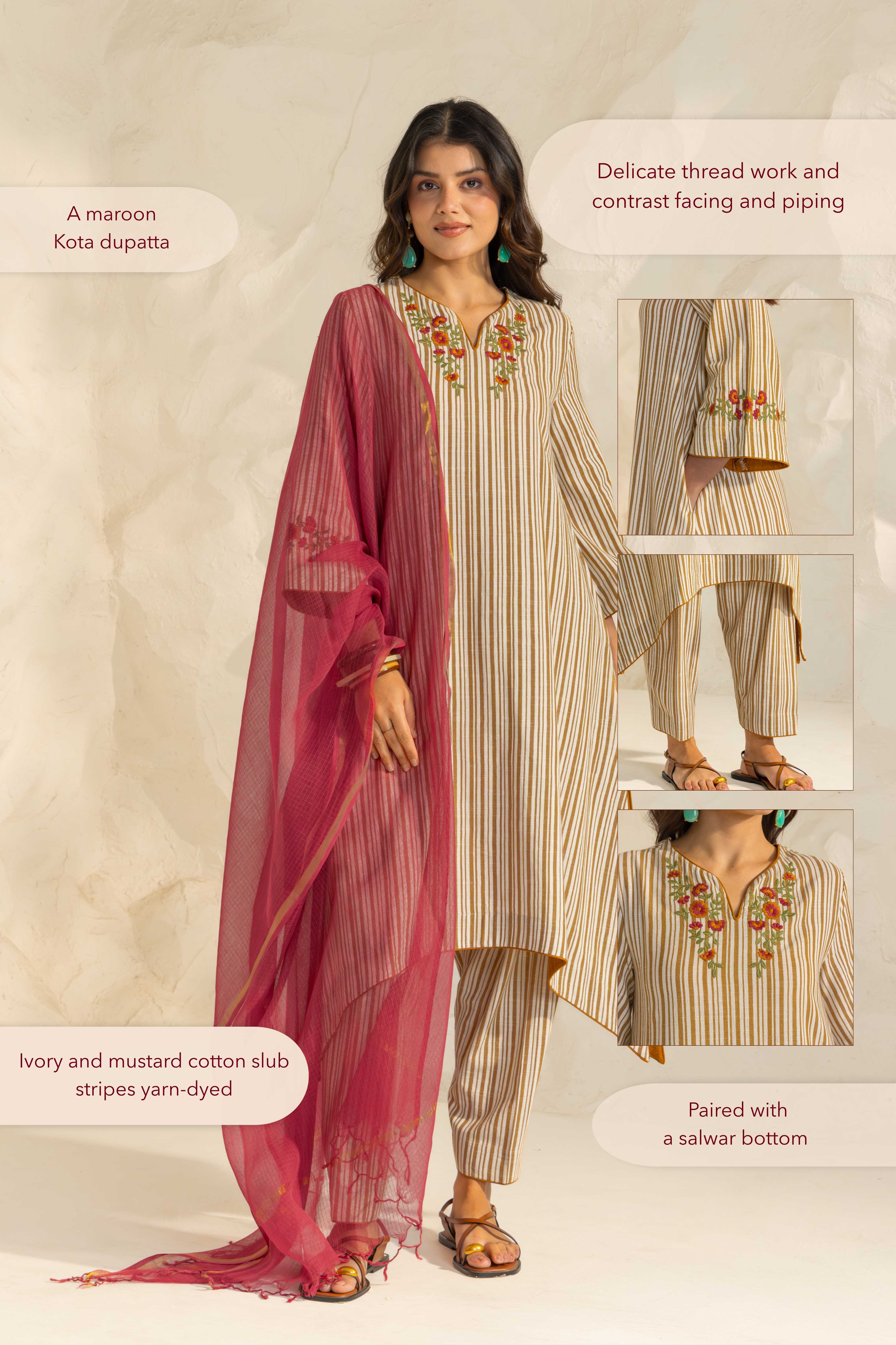 Savera Ivory & Mustard Embroidered Yarn Dyed Handcrafted High Low Kurta Set