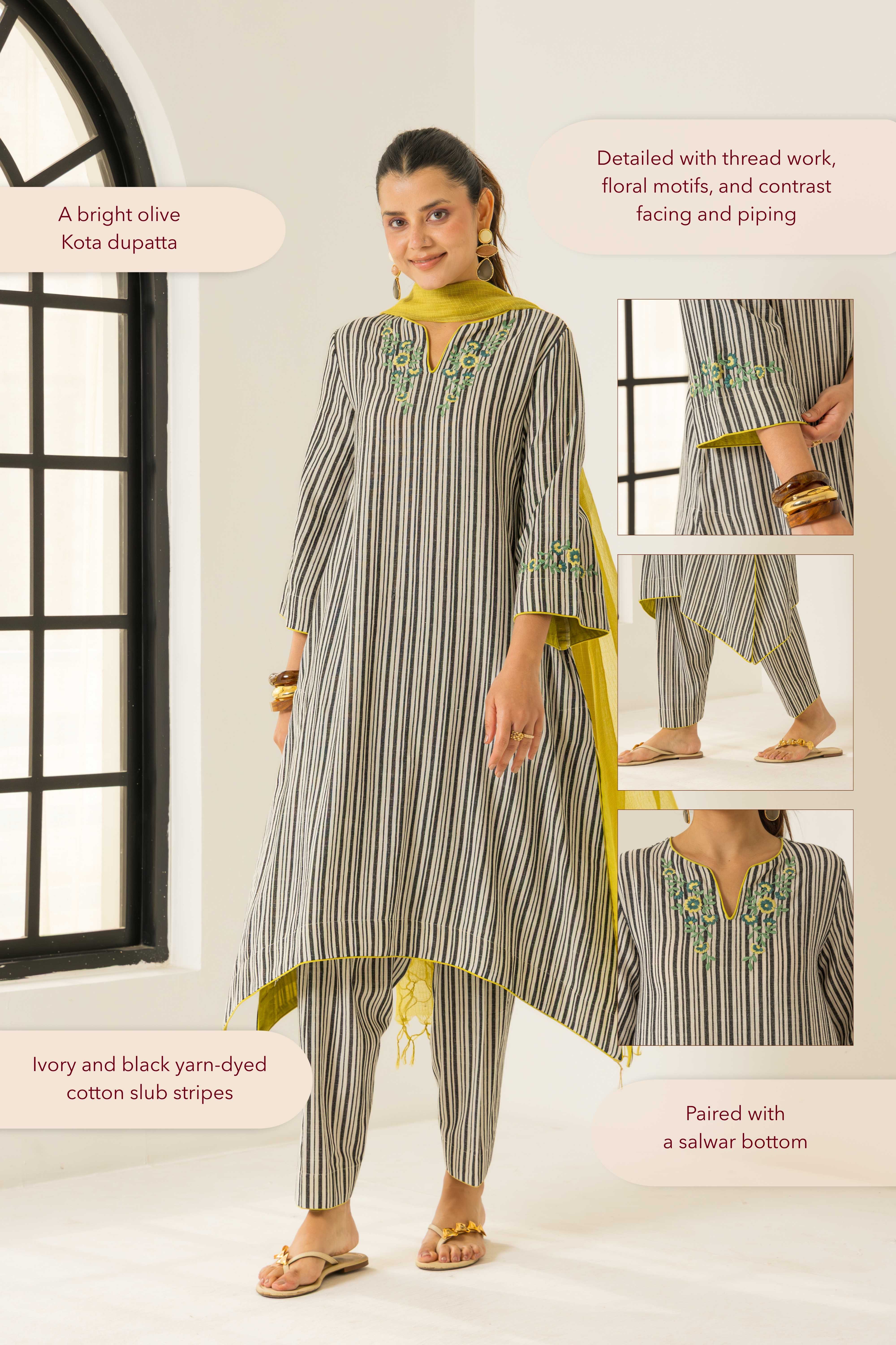 Savera Ivory & Black Embroidered Yarn Dyed Handcrafted High Low Kurta set