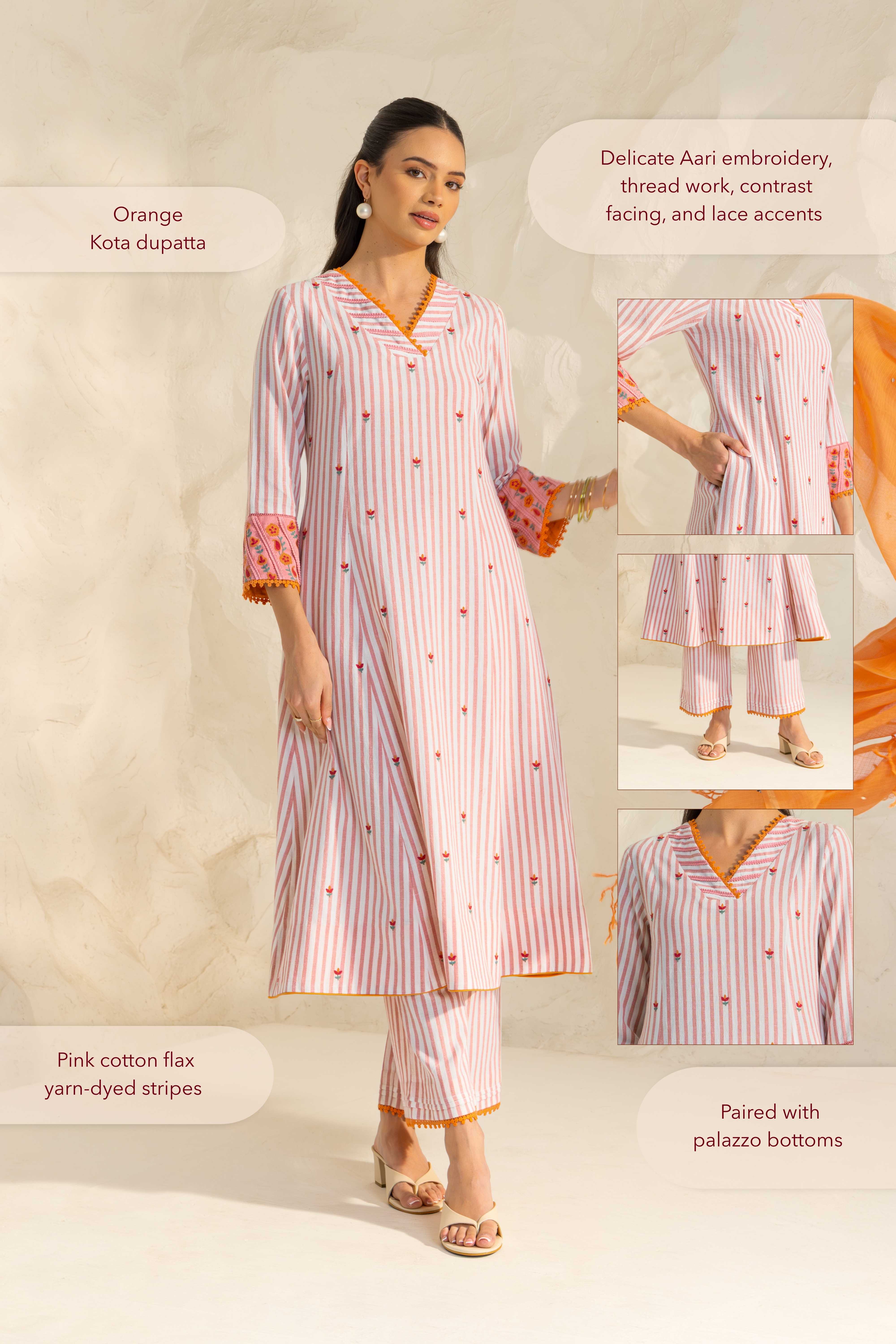 Zareen Pink Embroidered Yarn Dyed Handcrafted Kurta Set