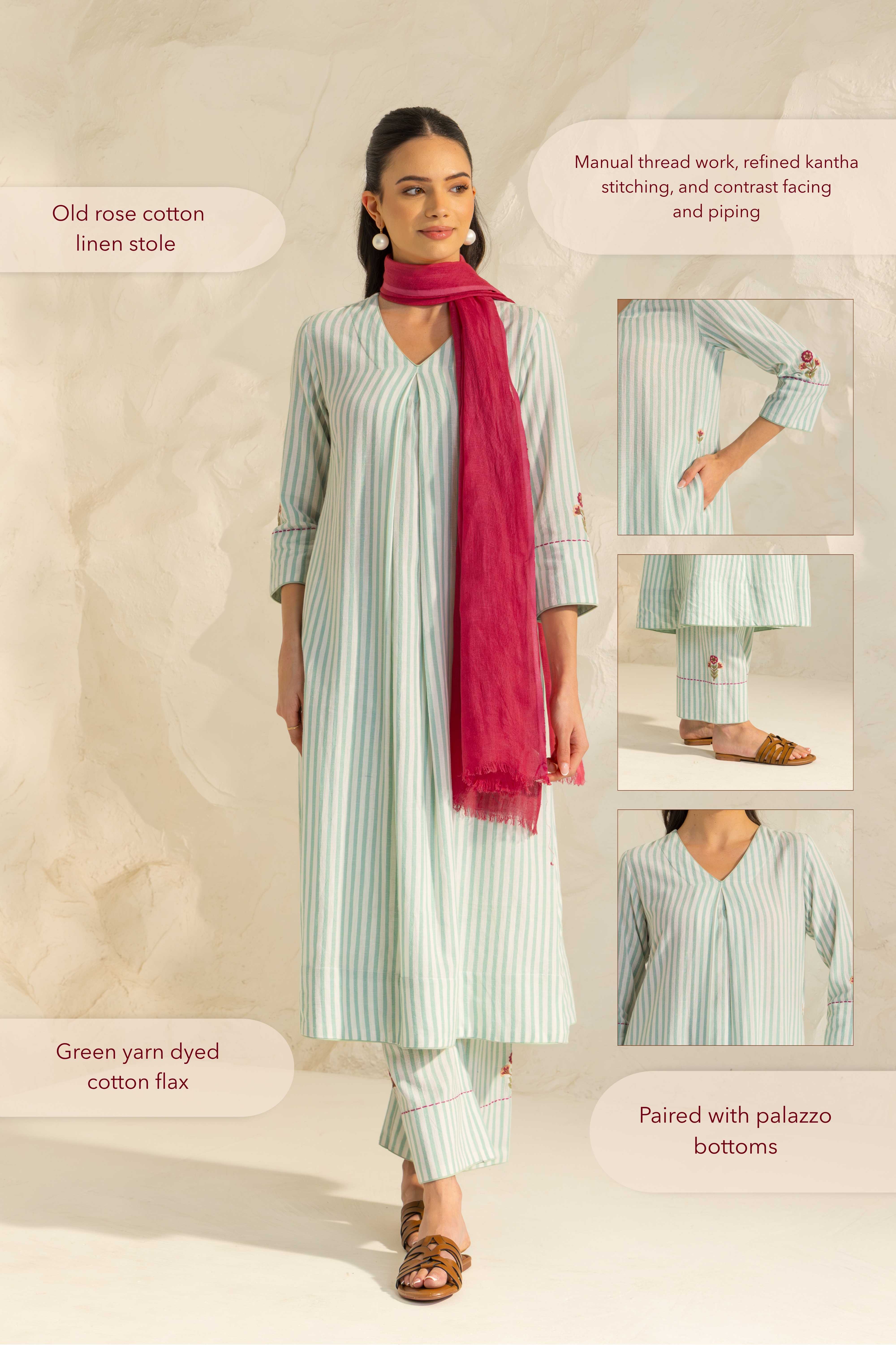 Zaria Green Embroidered Yarn Dyed Handcrafted Kurta Set (READY TO SHIP)