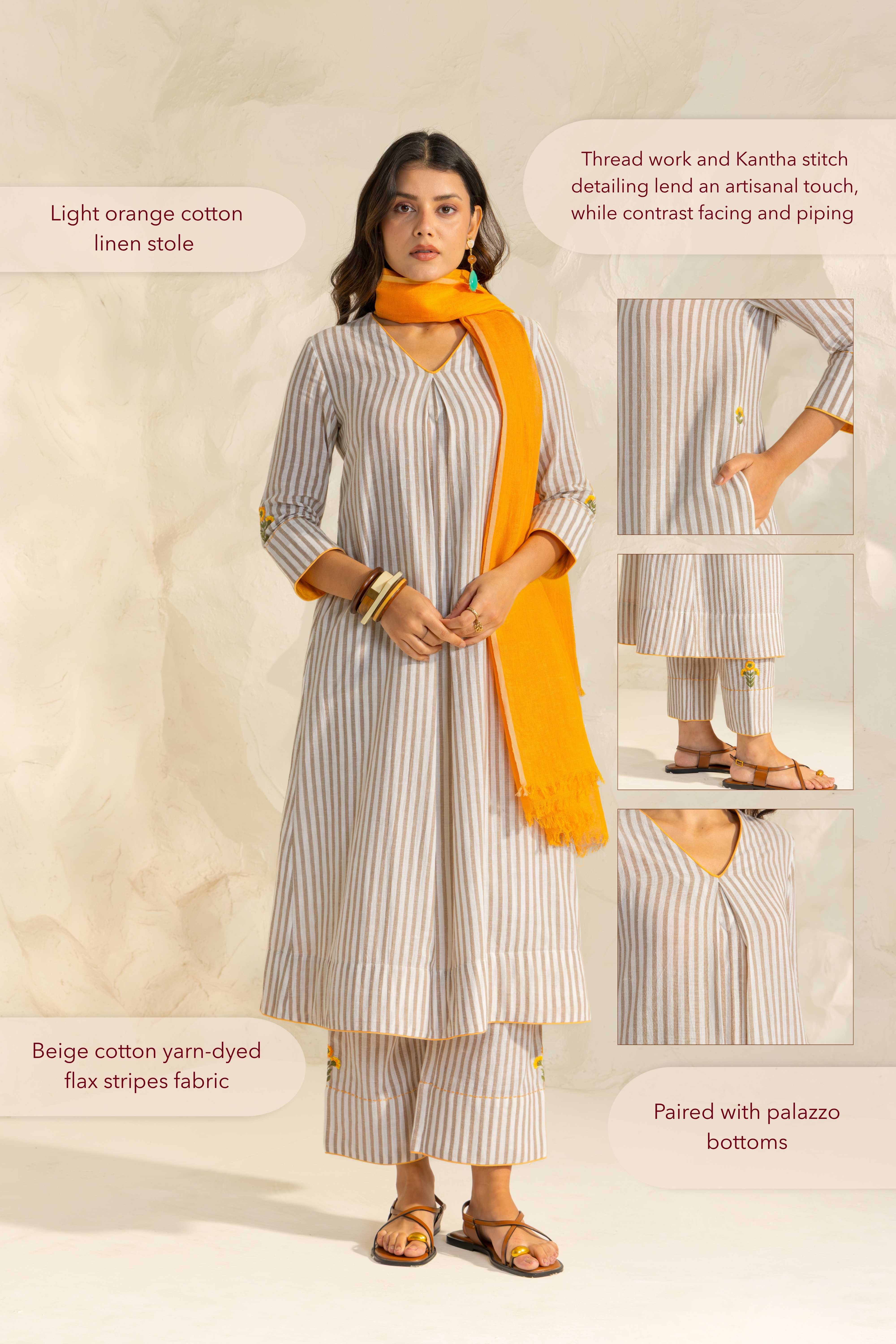 Zaria Beige Embroidered Yarn Dyed Handcrafted Kurta Set