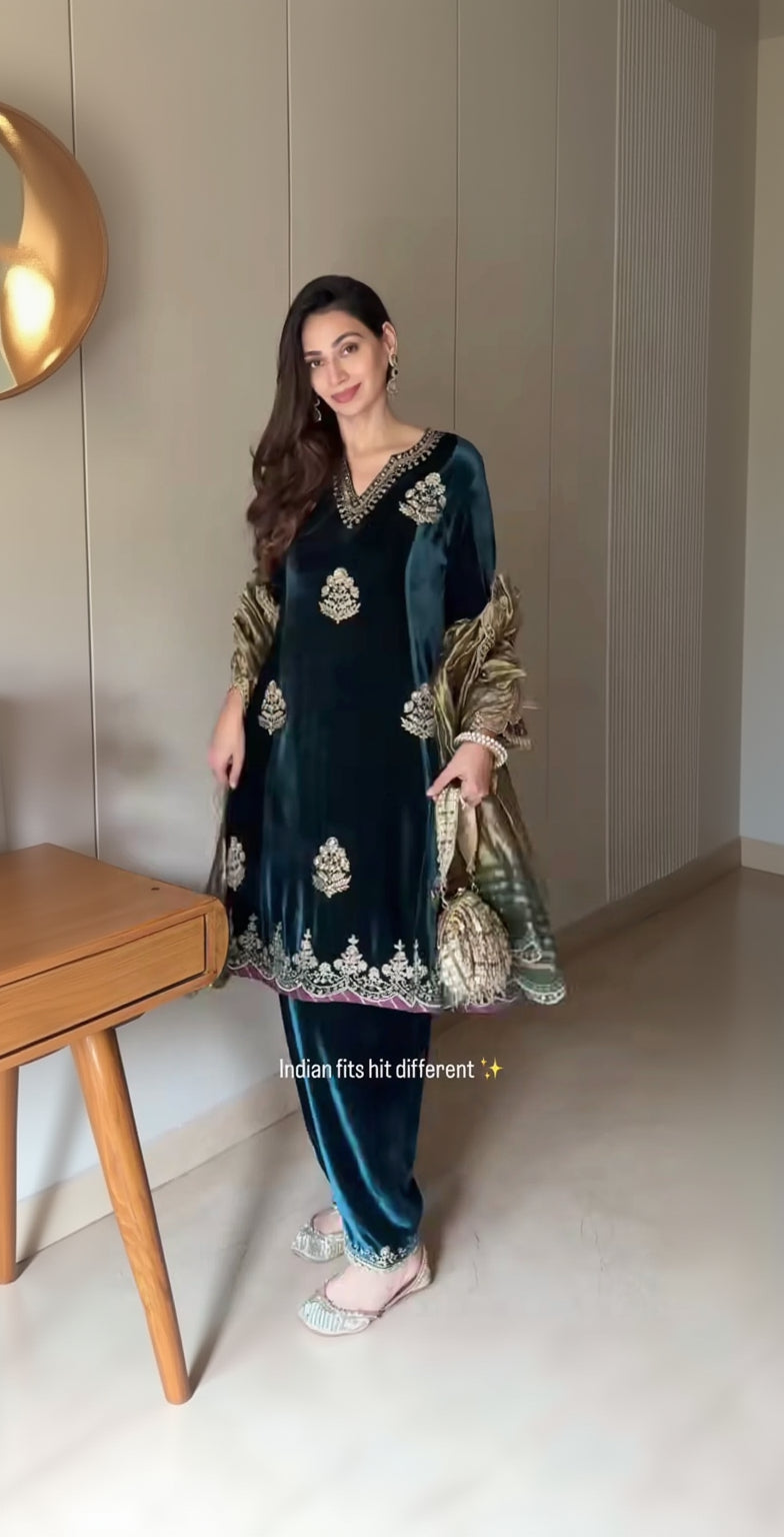 Sonakshi Gandhi in Dilruba Silk Velvet Embroidered Midnight Blue A-Line Kurta Set