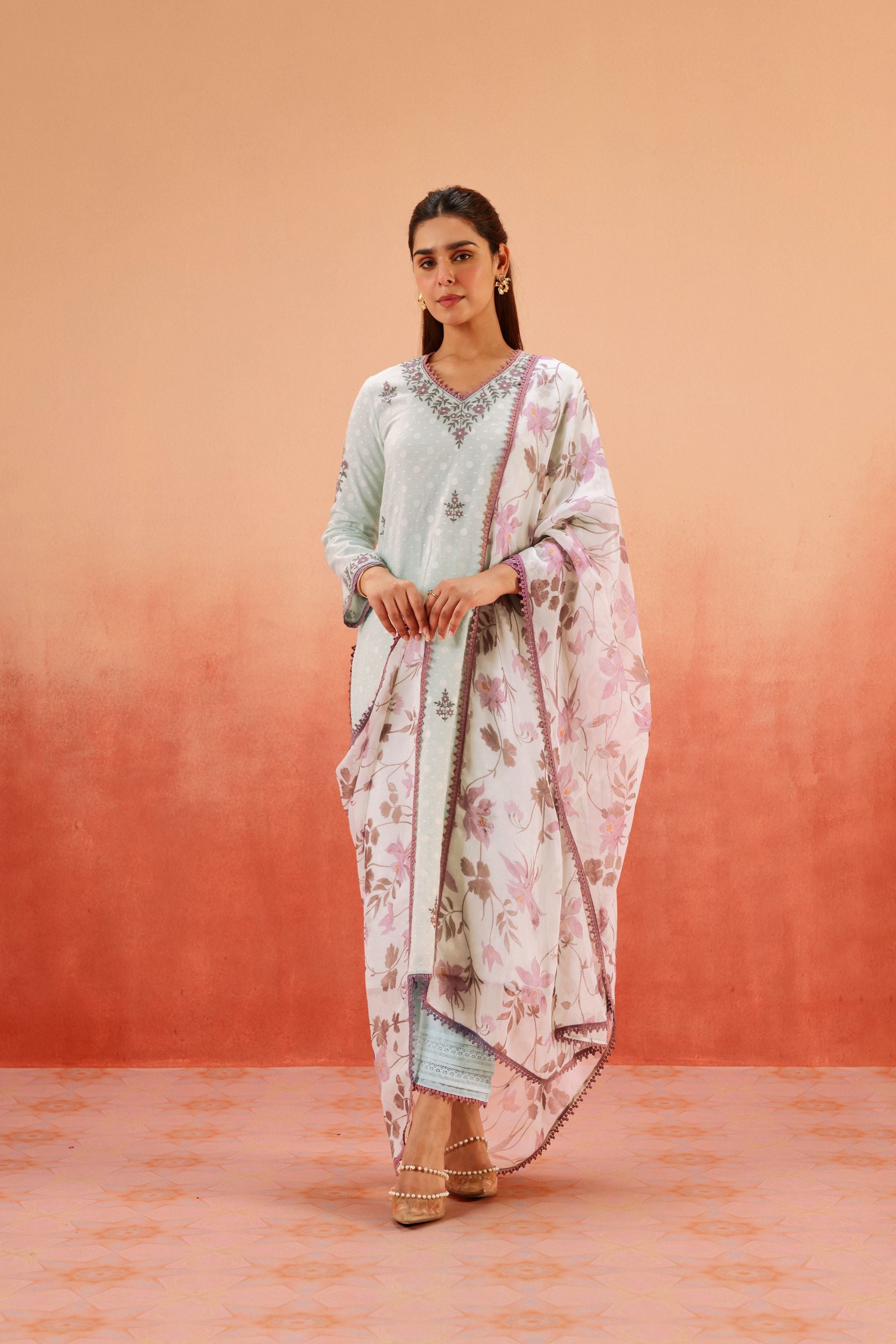 GULBANO BLUE JACQUARD EMBROIDERED KURTA SET (READY TO SHIP)