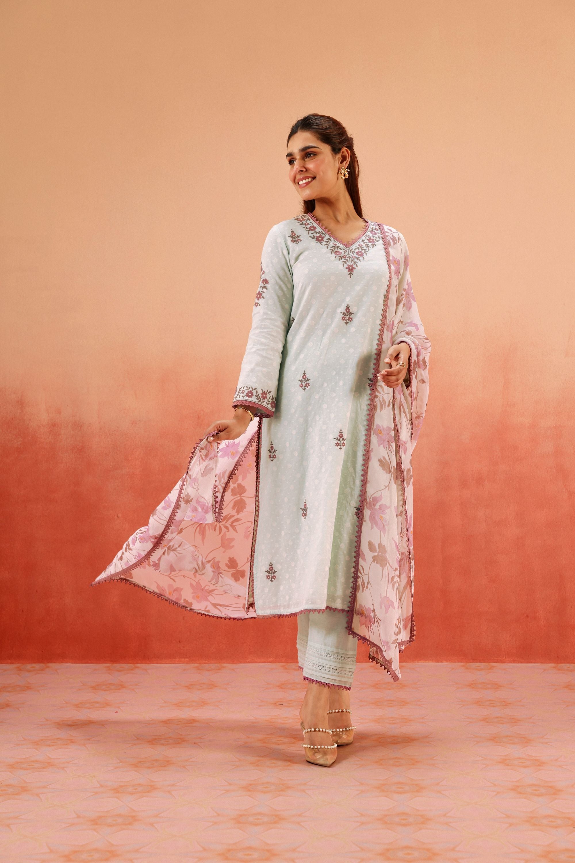 GULBANO BLUE JACQUARD EMBROIDERED KURTA SET (READY TO SHIP)