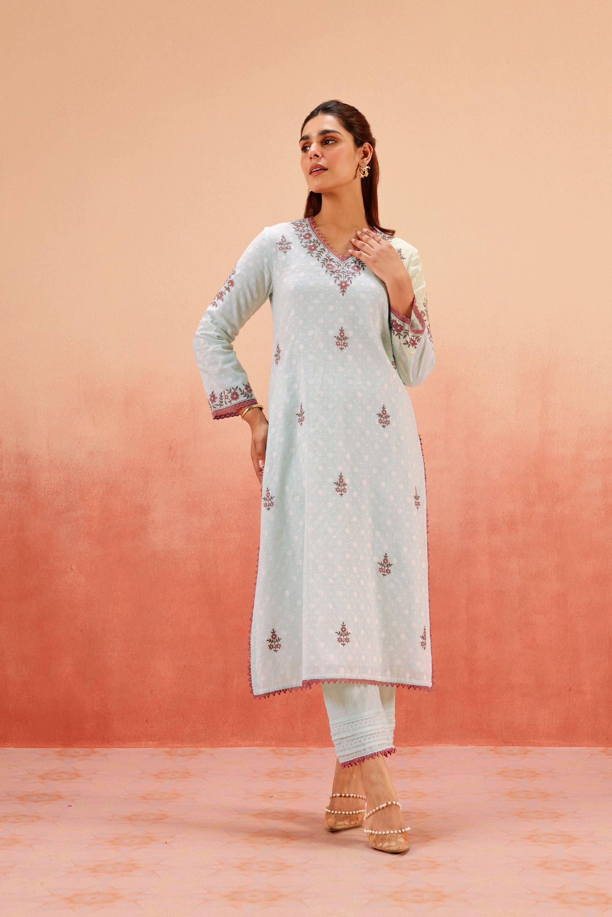 GULBANO BLUE JACQUARD EMBROIDERED KURTA SET (READY TO SHIP)