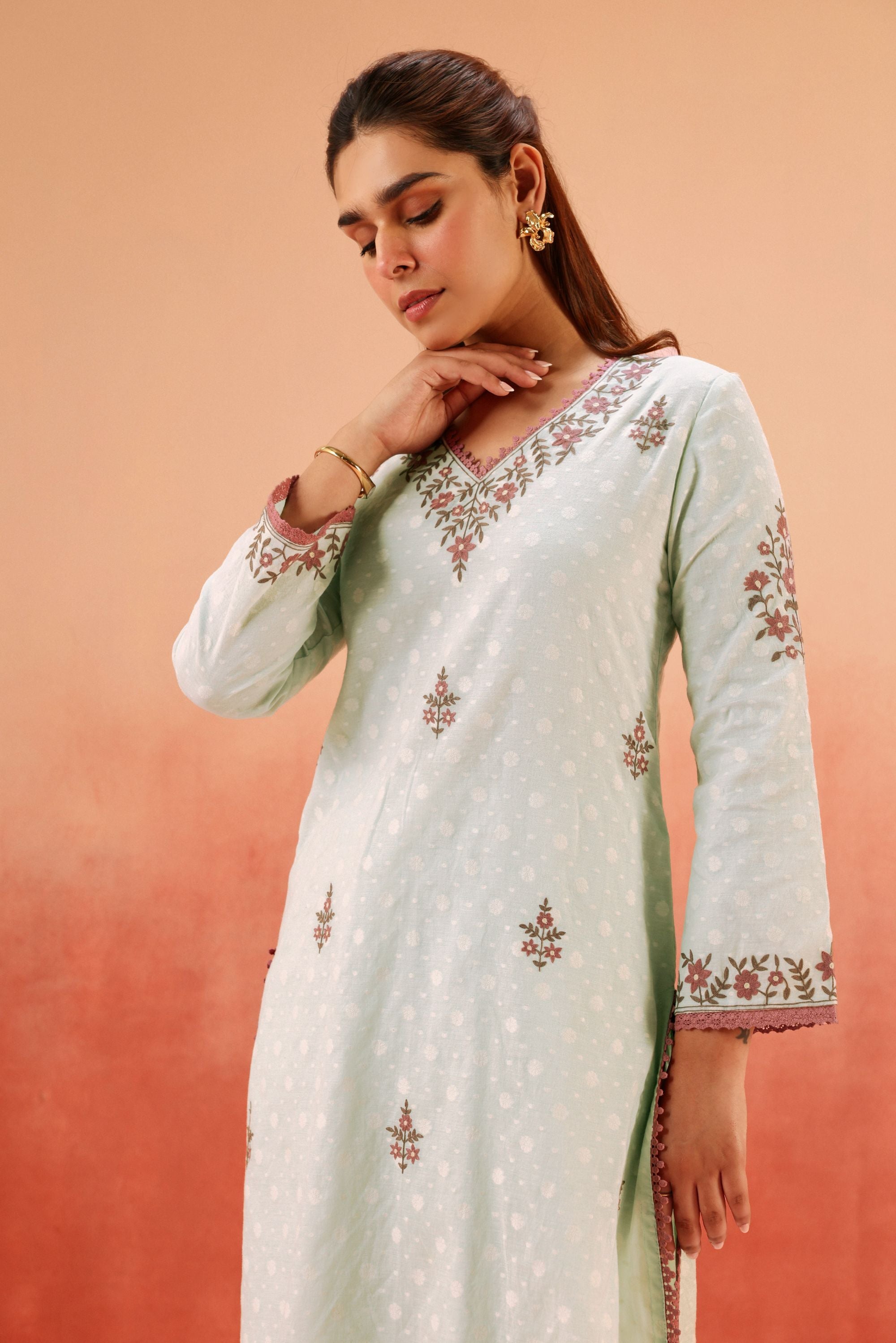 GULBANO BLUE JACQUARD EMBROIDERED KURTA SET (READY TO SHIP)