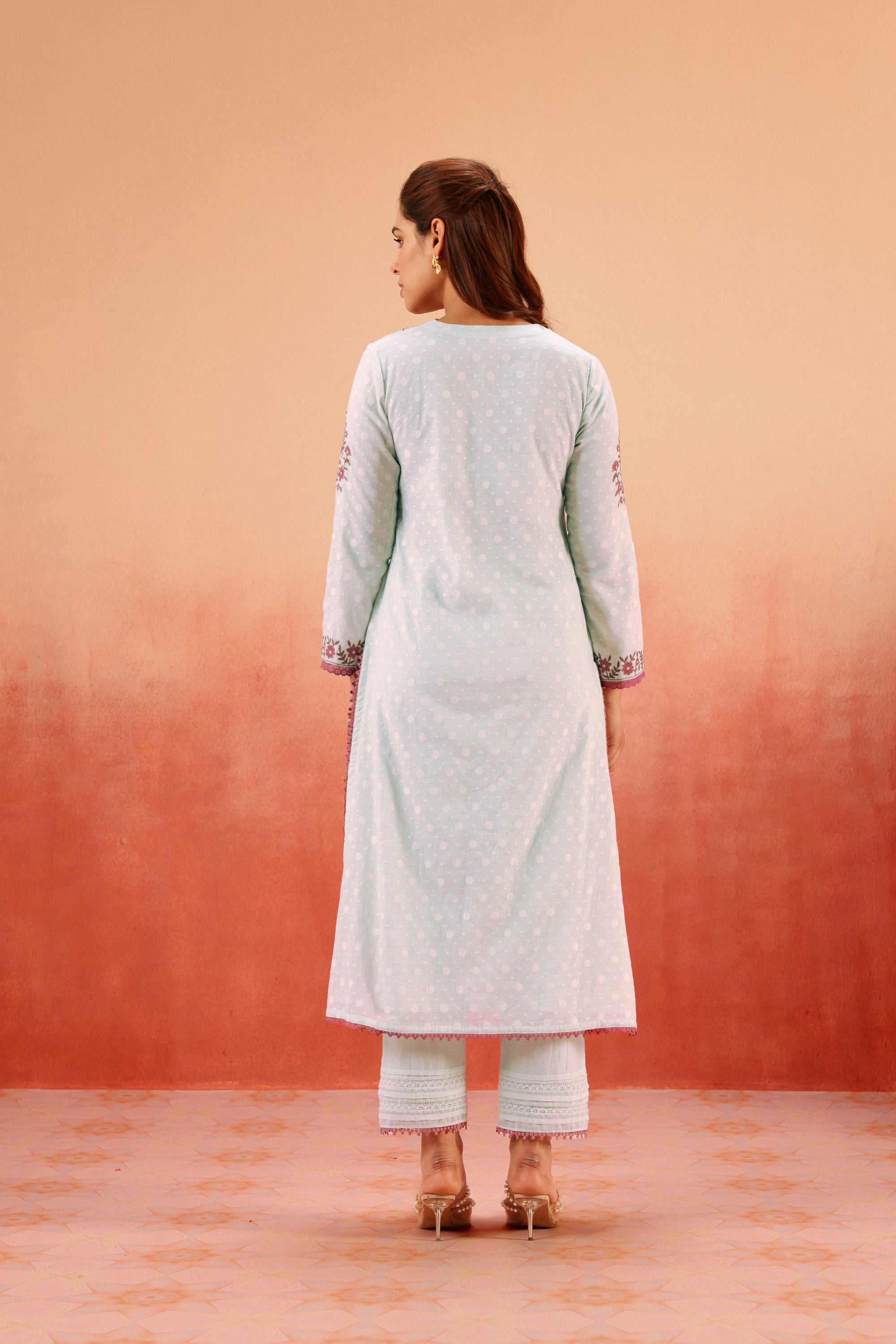 GULBANO BLUE JACQUARD EMBROIDERED KURTA SET (READY TO SHIP)