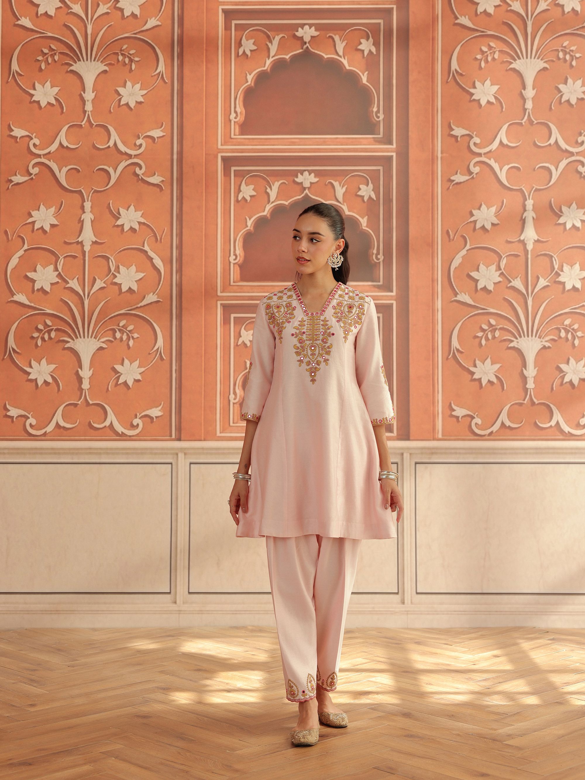 Zora Baby Pink Mirror Work Silk Chanderi Handcrafted A-Line Kurta Set