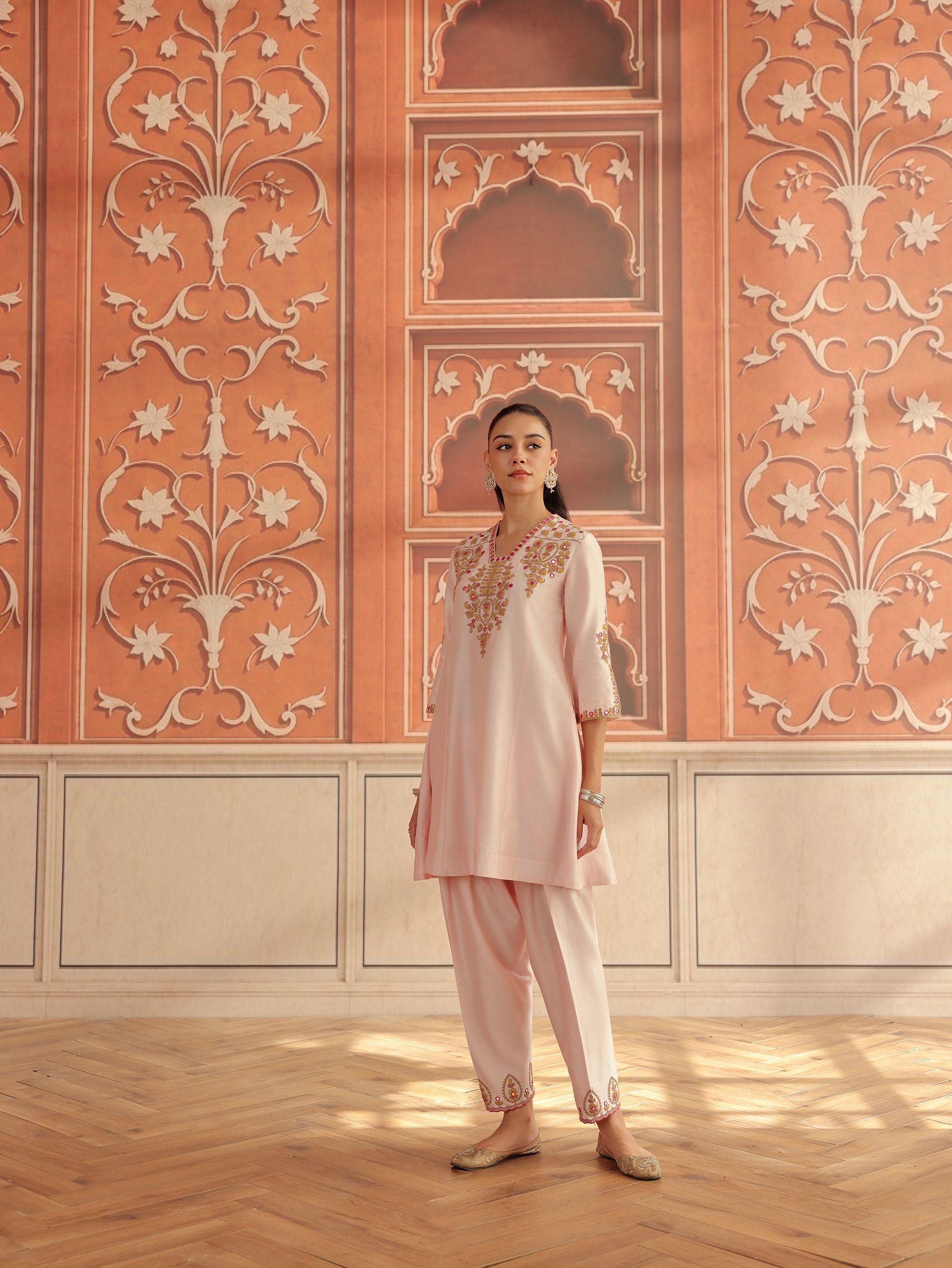Zora Baby Pink Mirror Work Silk Chanderi Handcrafted A-Line Kurta Set