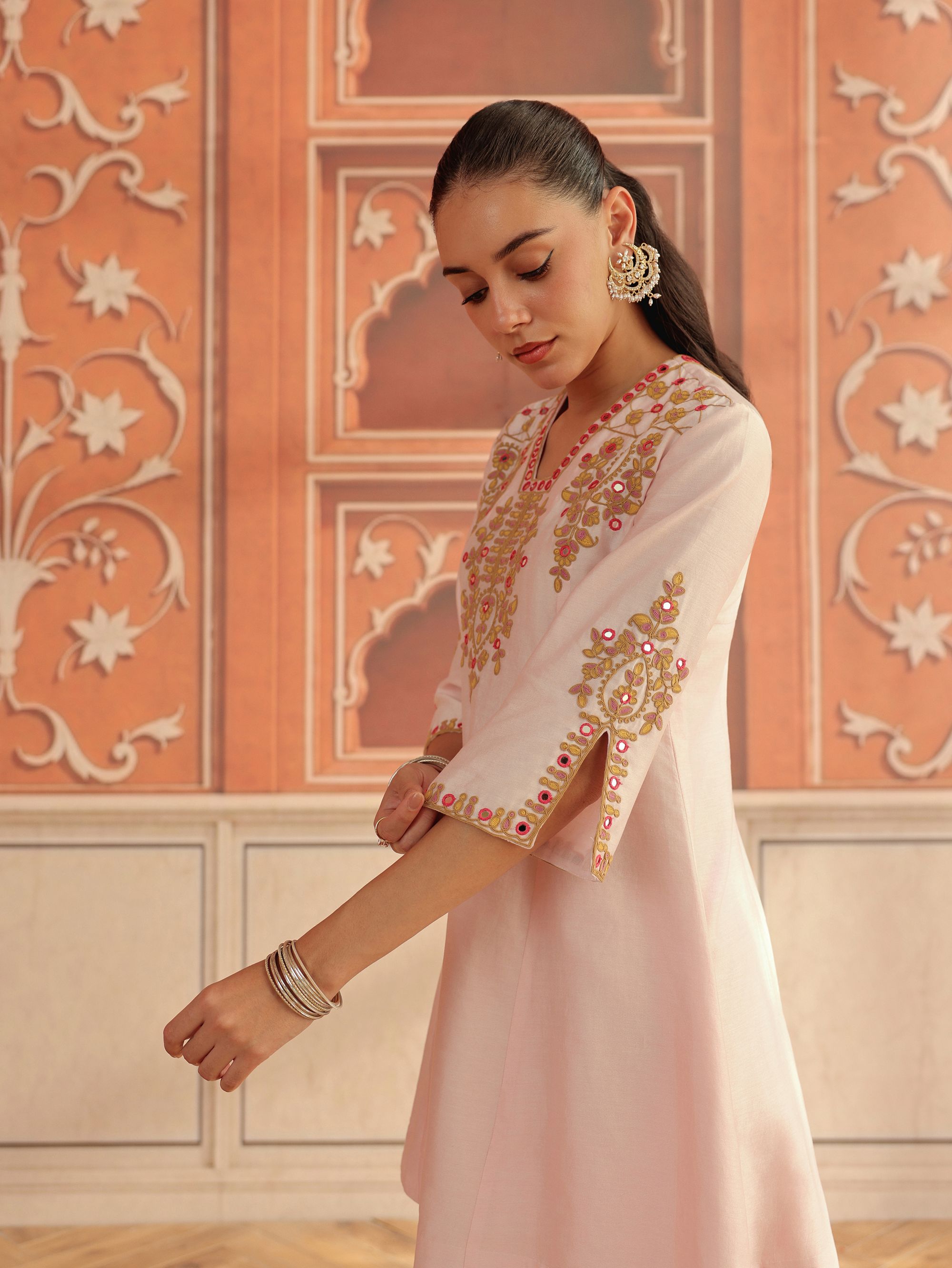Zora Baby Pink Mirror Work Silk Chanderi Handcrafted A-Line Kurta Set