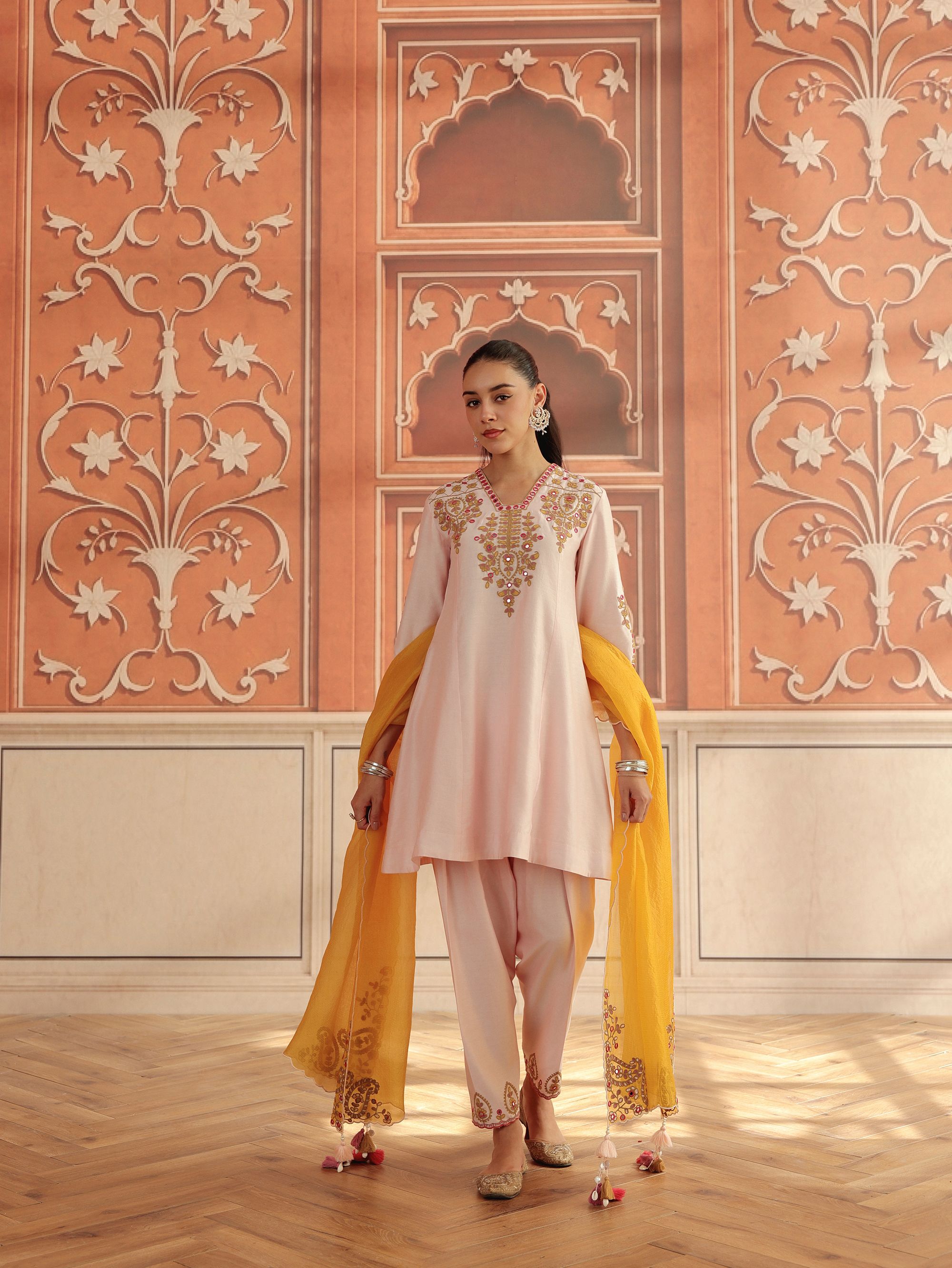 Zora Baby Pink Mirror Work Silk Chanderi Handcrafted A-Line Kurta Set
