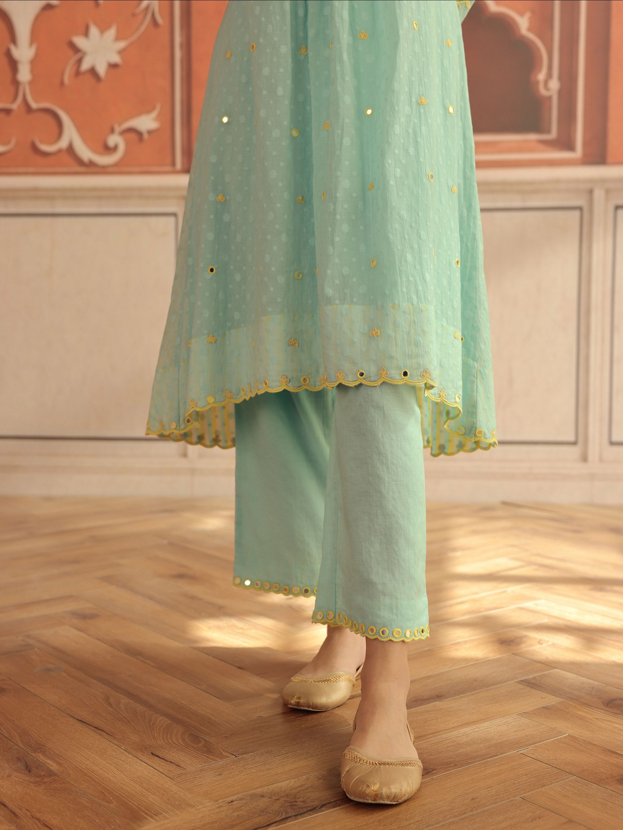 Avena Blue Mirror Work Jacquard Handcrafted Kurta Set
