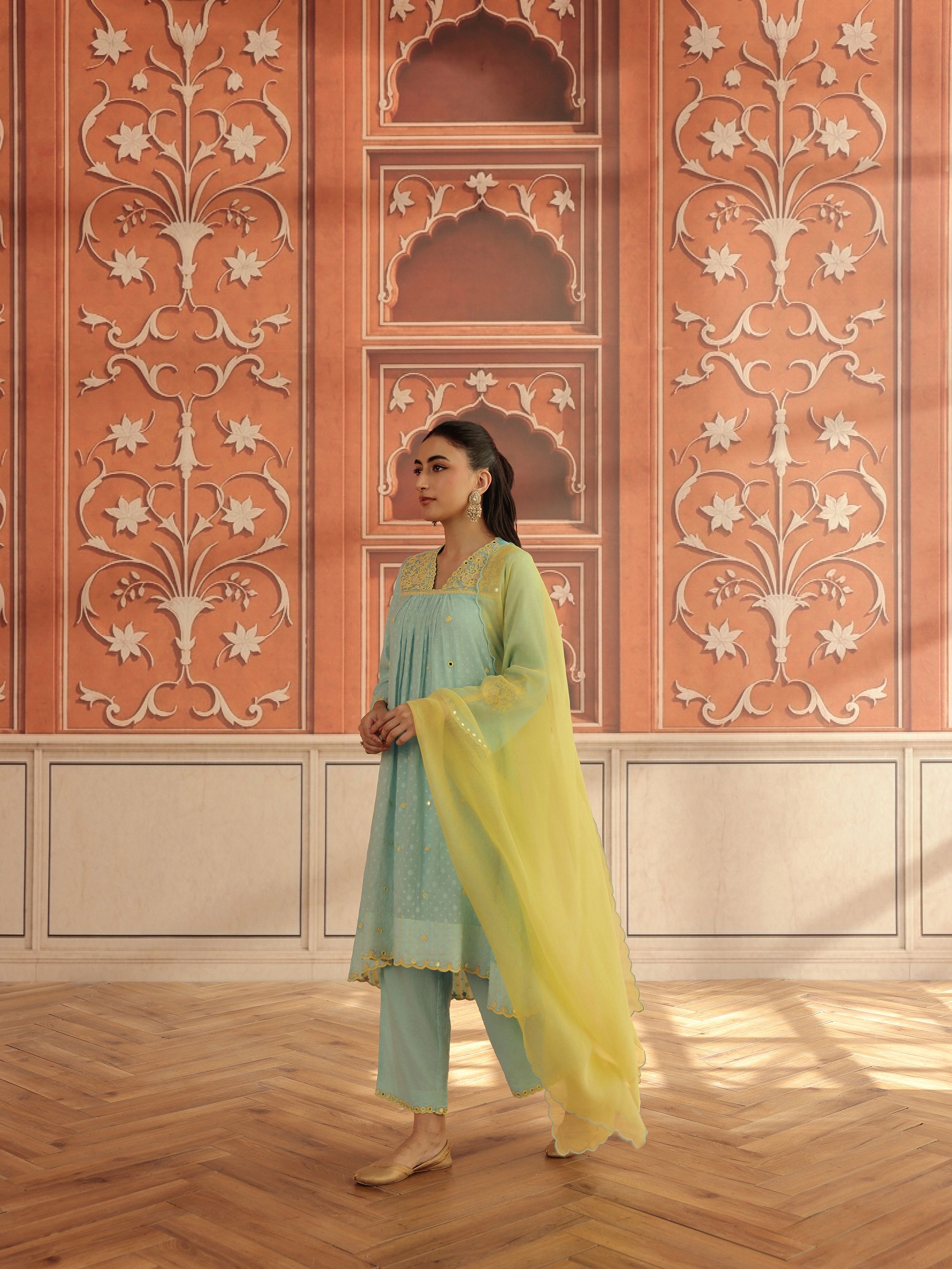 Avena Blue Mirror Work Jacquard Handcrafted Kurta Set